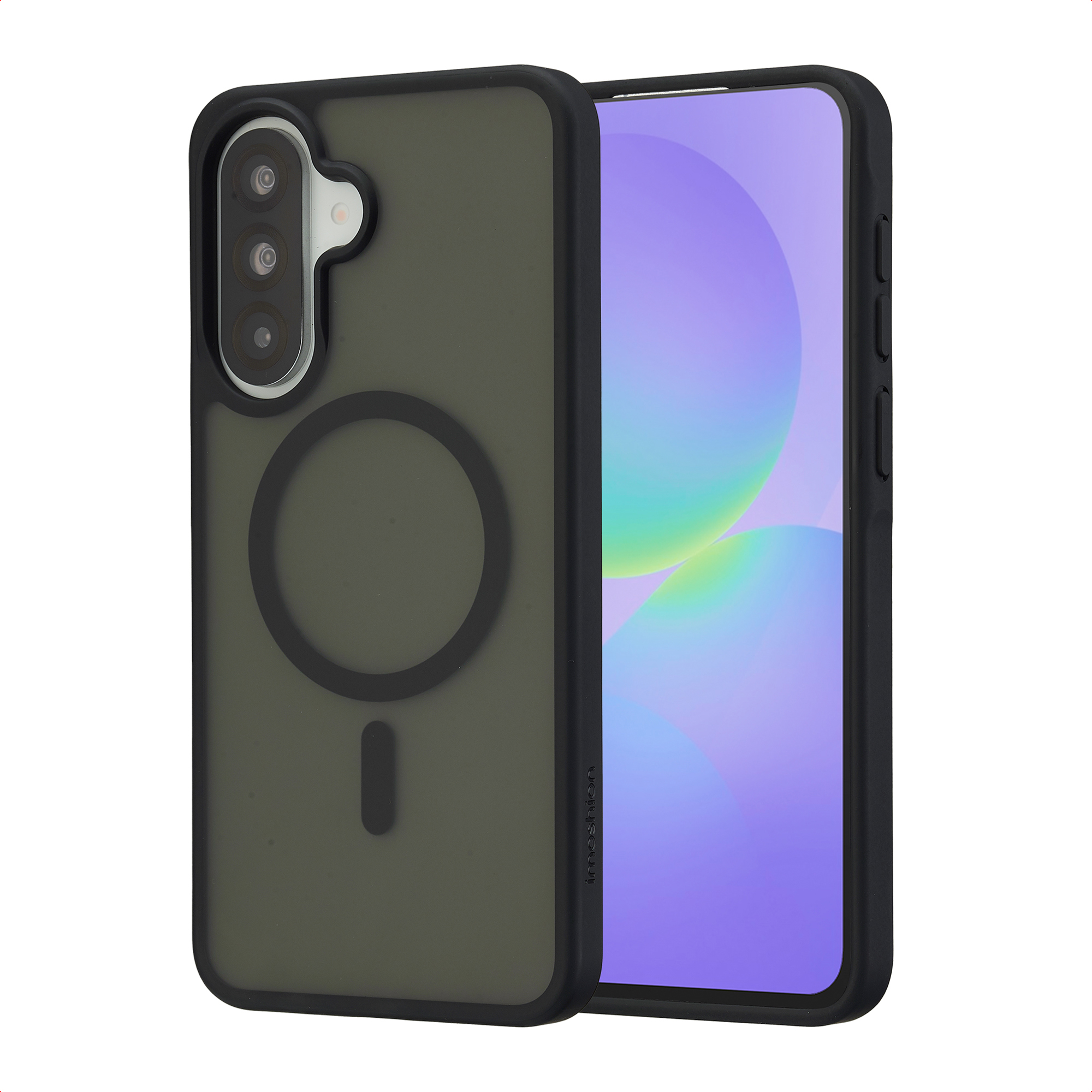 Een donkere telefoon met een groene hoes en drie camera's aan de achterkant.