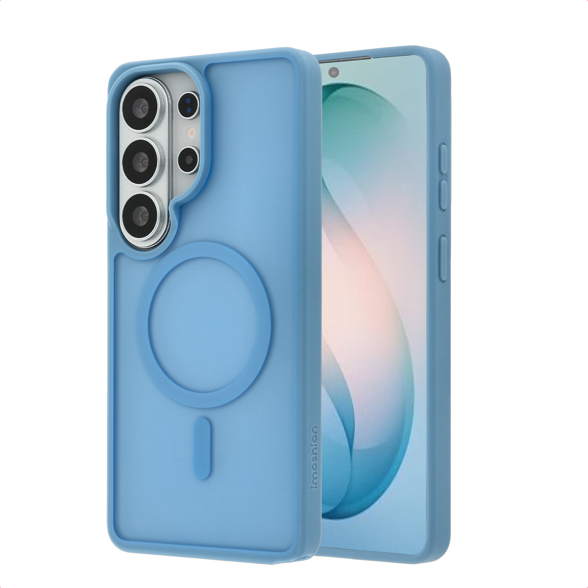 Een blauwe telefoonhoes met magneetring en een telefoon met blauwe achtergrond.