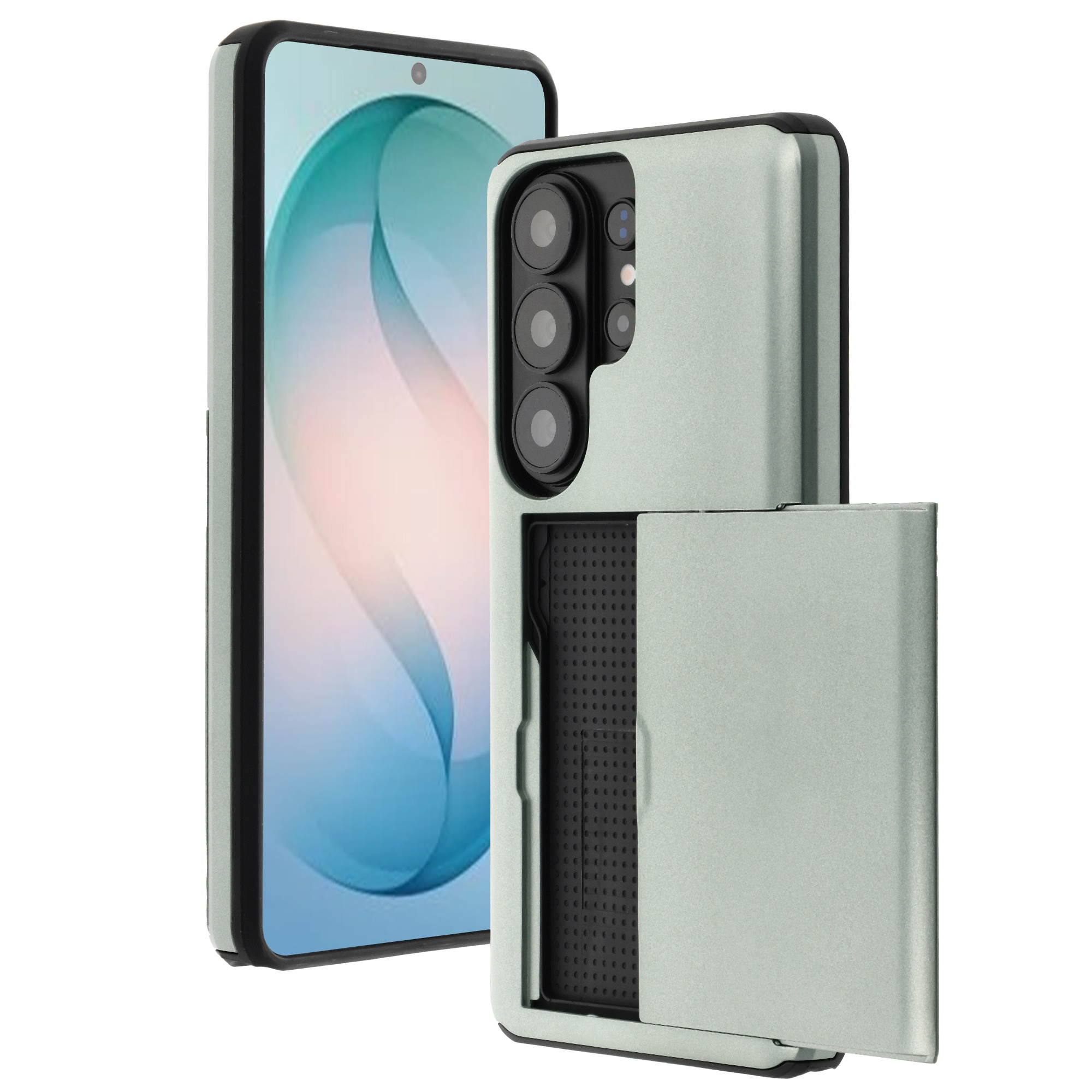 Een lichtgroene telefoon met camera-unit en een vak.