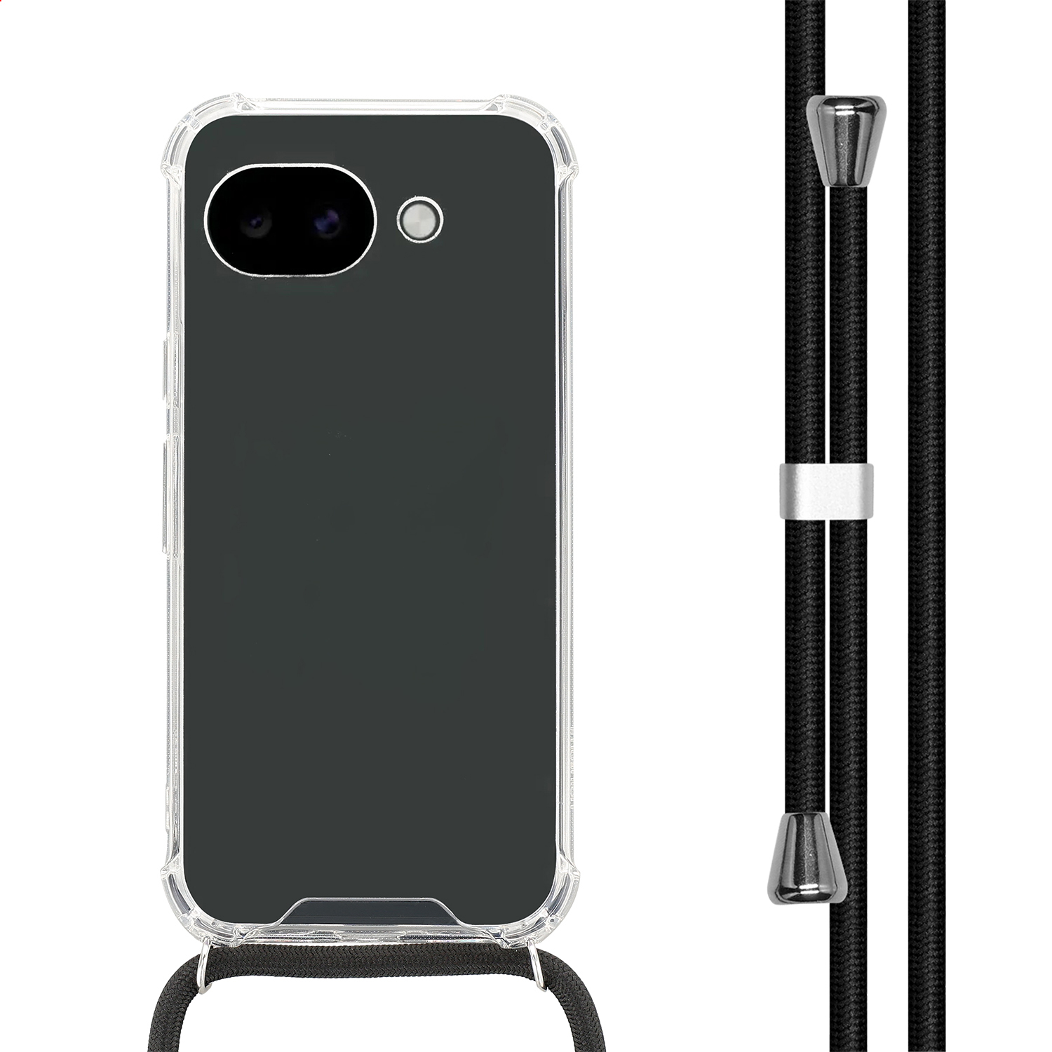 Coque de téléphone transparente avec boucle de lanière noire et accents argentés.