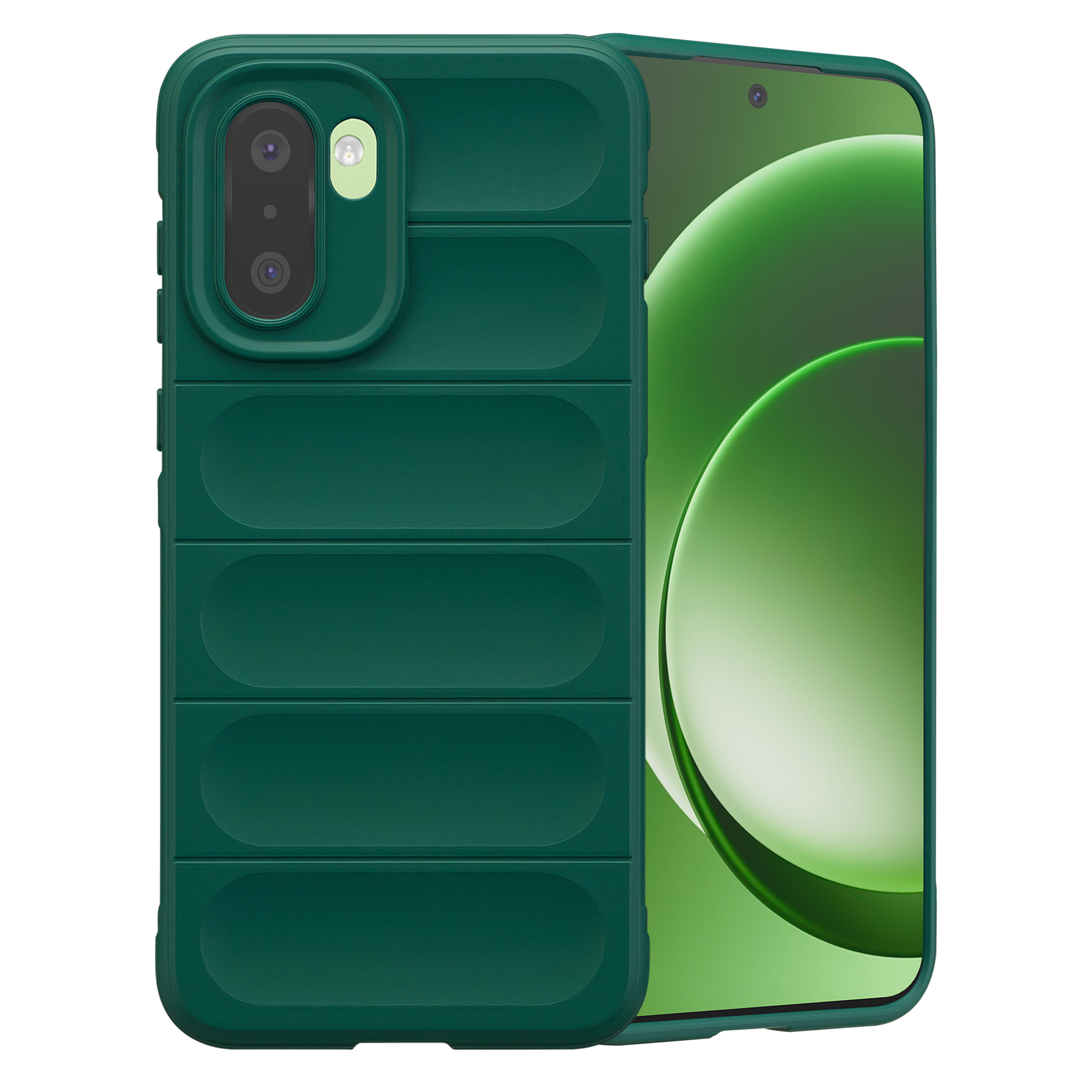 Donkergroene hoes met ribbels, bedekt telefoon met groen behang.