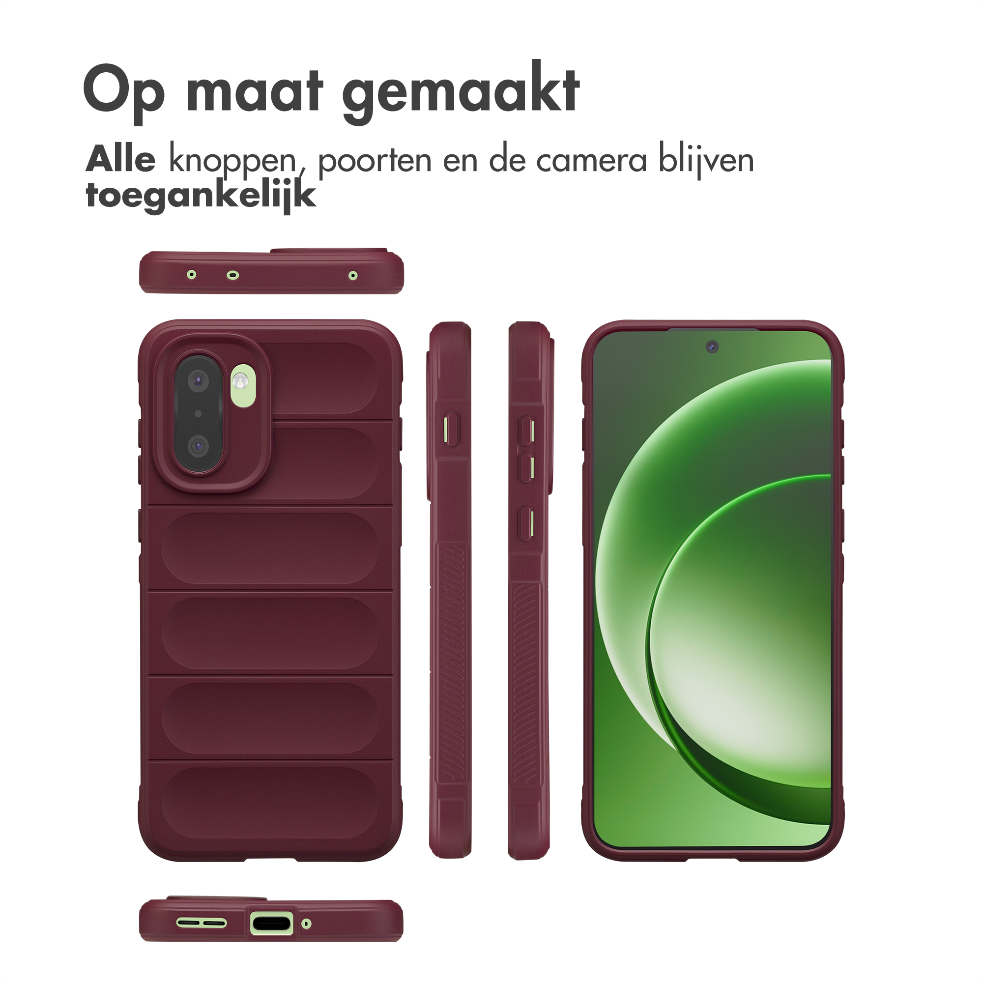Wijnrode telefoonhoes met camera-uitsparing en knoppen, naast een telefoon.