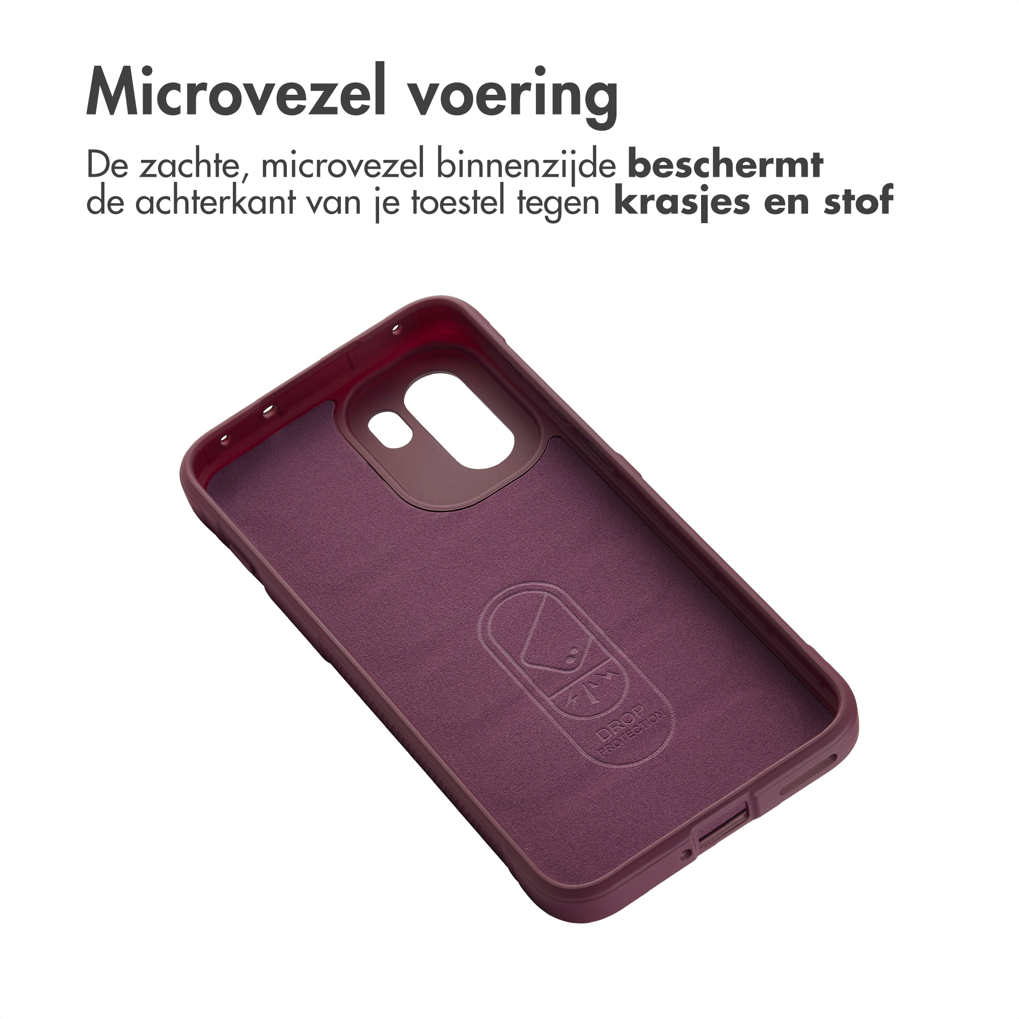 Donkerrode telefoonhoes met microvezel voering en logo.
