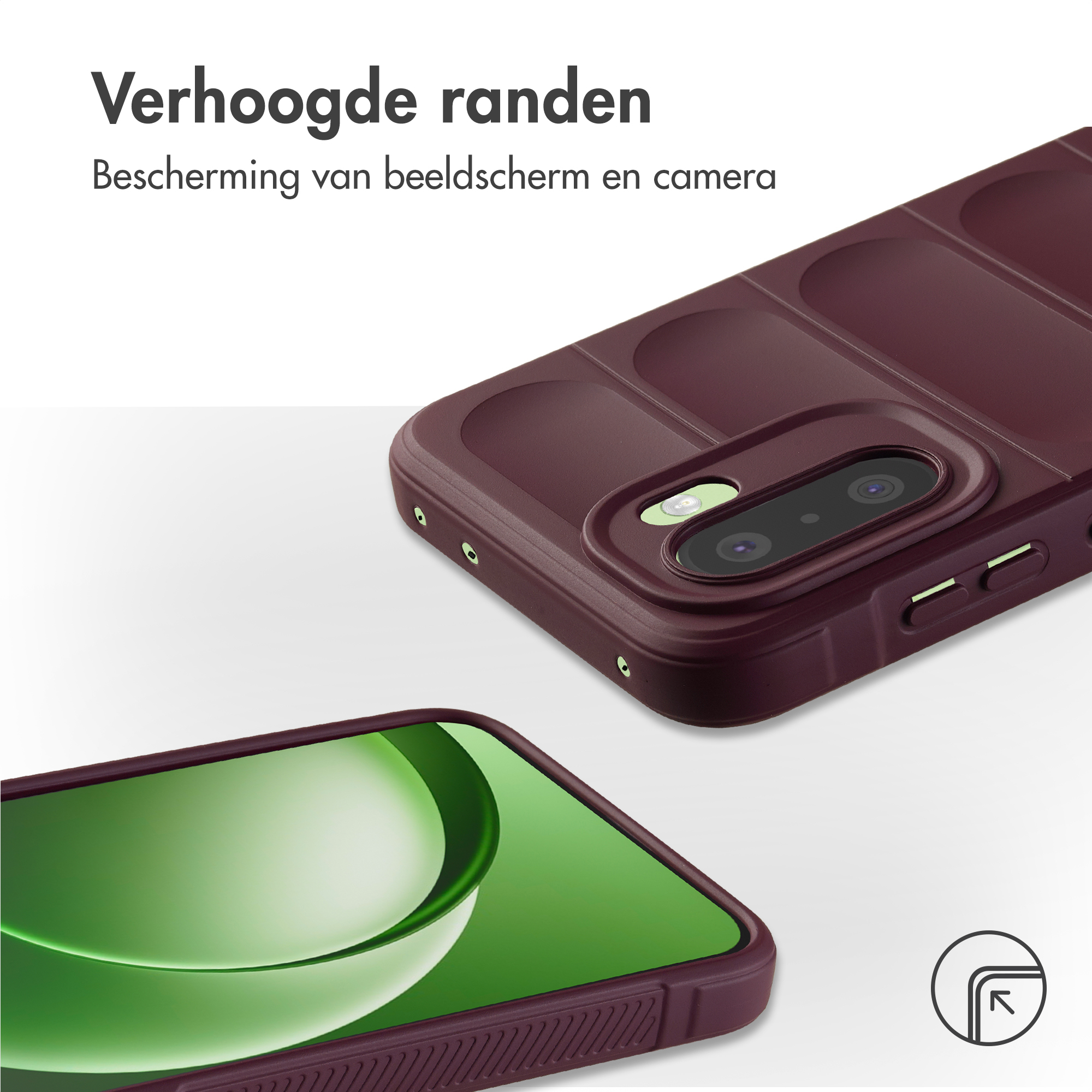 Bordeauxrode telefoonhoes met verhoogde randen die het scherm en de camera beschermen.