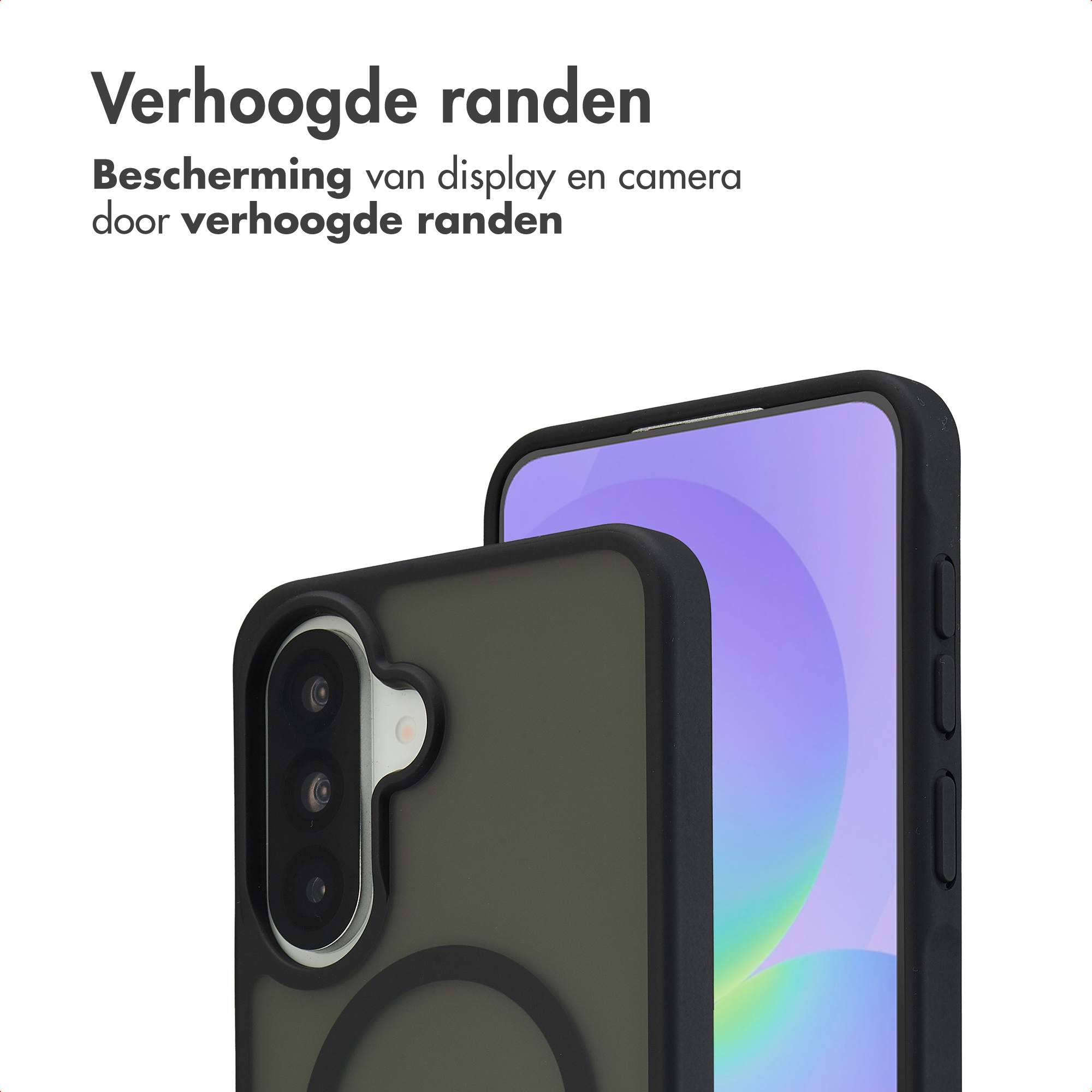 Close-up van twee telefoonachterkanten met hoesjes. Eén toont camera's, de andere het scherm.
