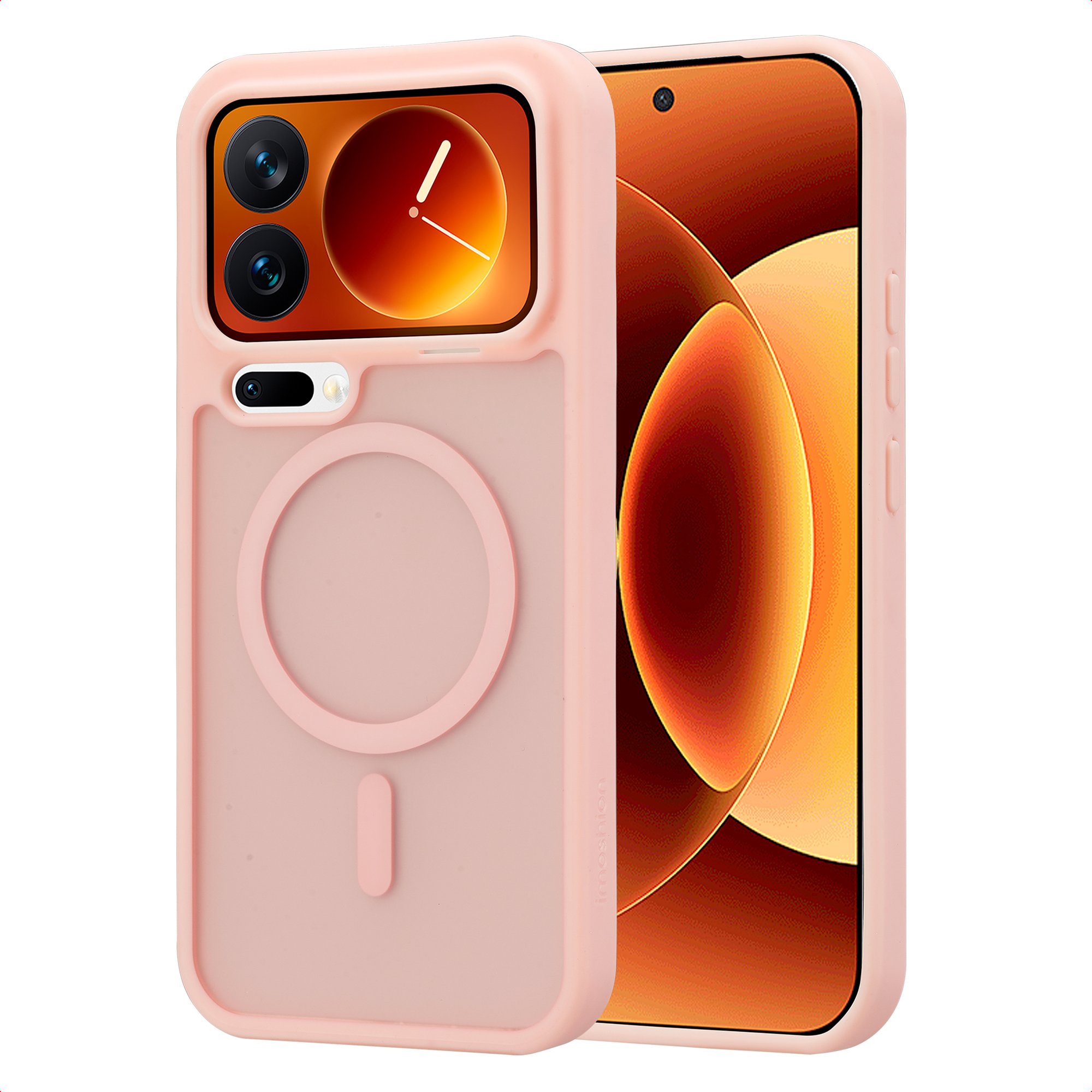 Een lichtroze telefoonhoes met MagSafe cirkel en een telefoon met oranje achtergrond.