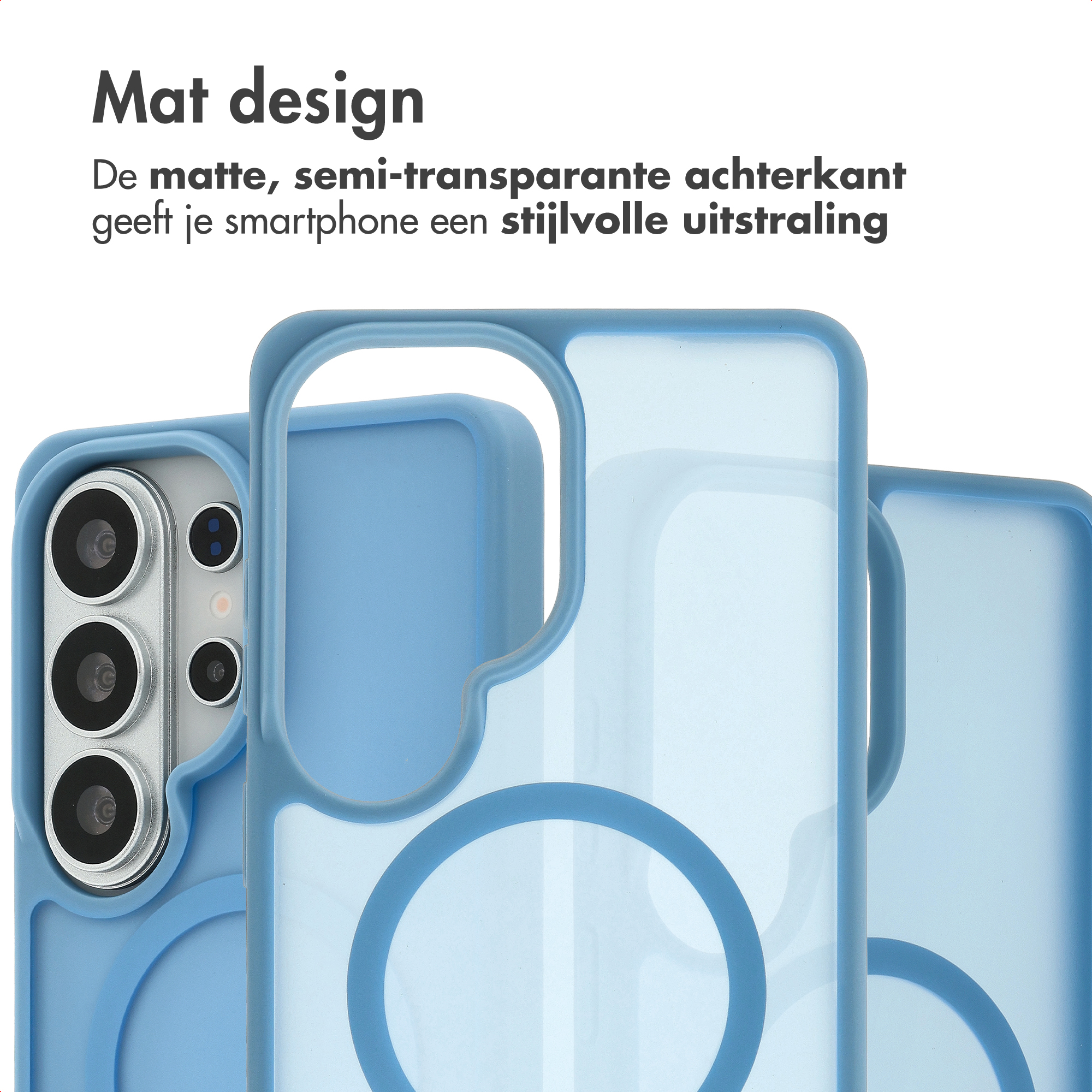 Matte, lichtblauwe telefoonhoesjes, één toont de cameralens.