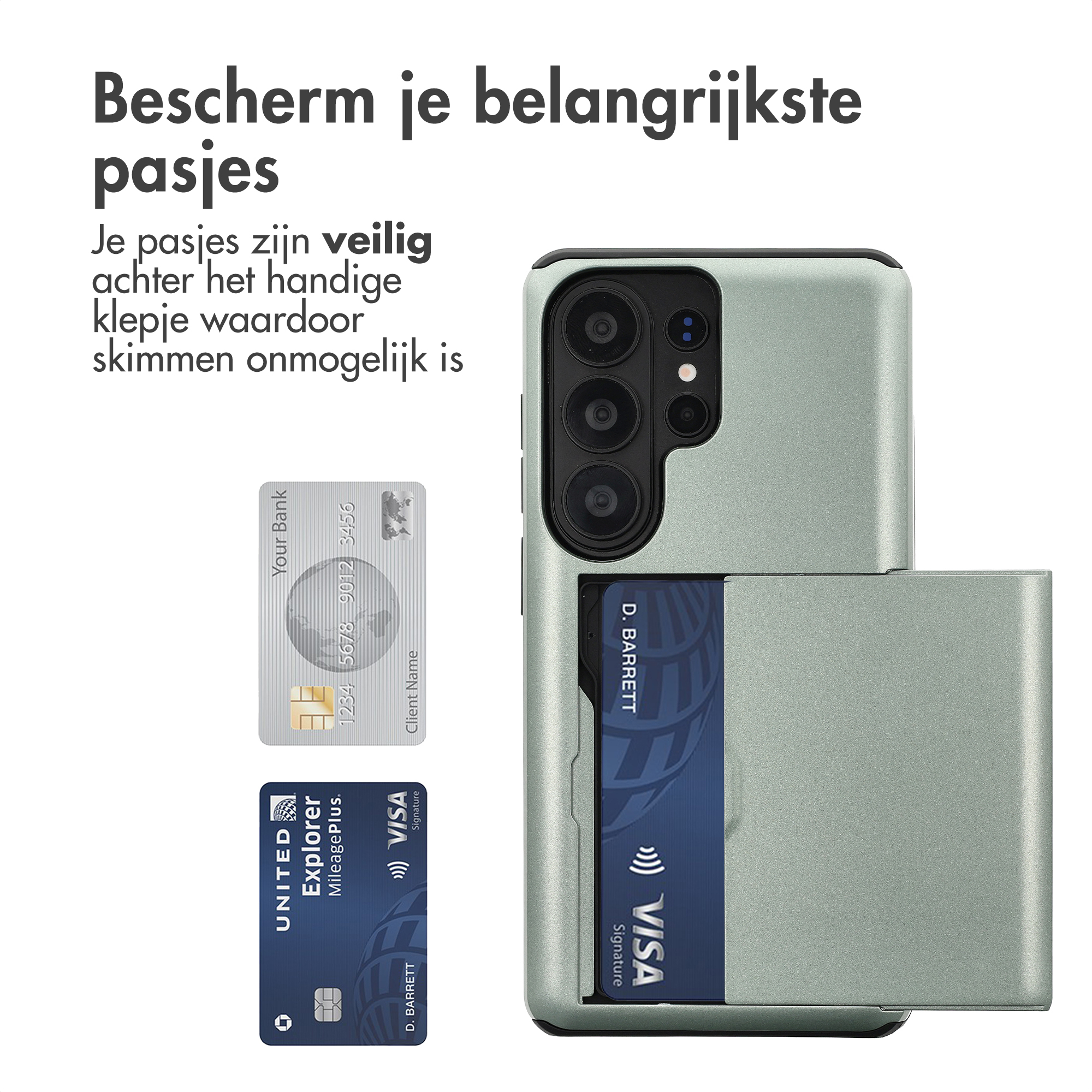 Een telefoon met een groene hoes waarin kaarten en twee creditcards passen.