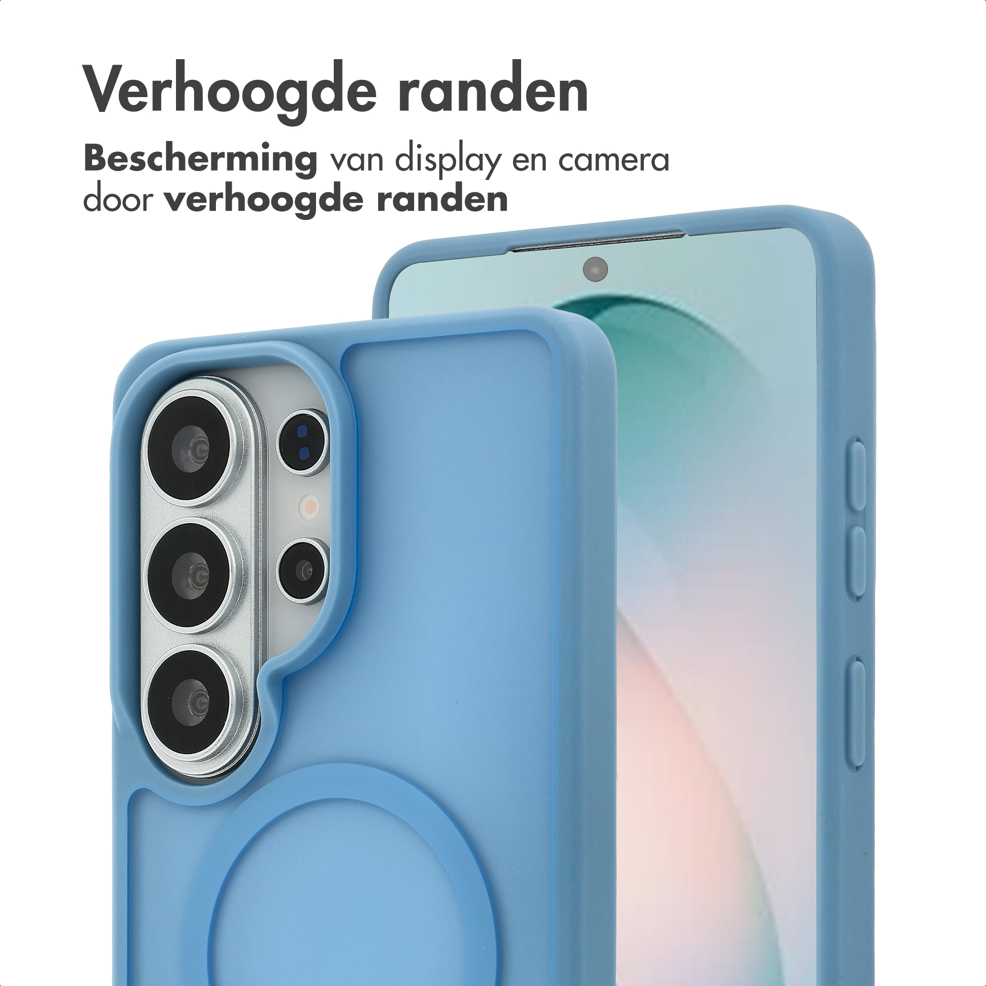 Blauwe telefoonhoes met camerauitsparing en verhoogde randen.