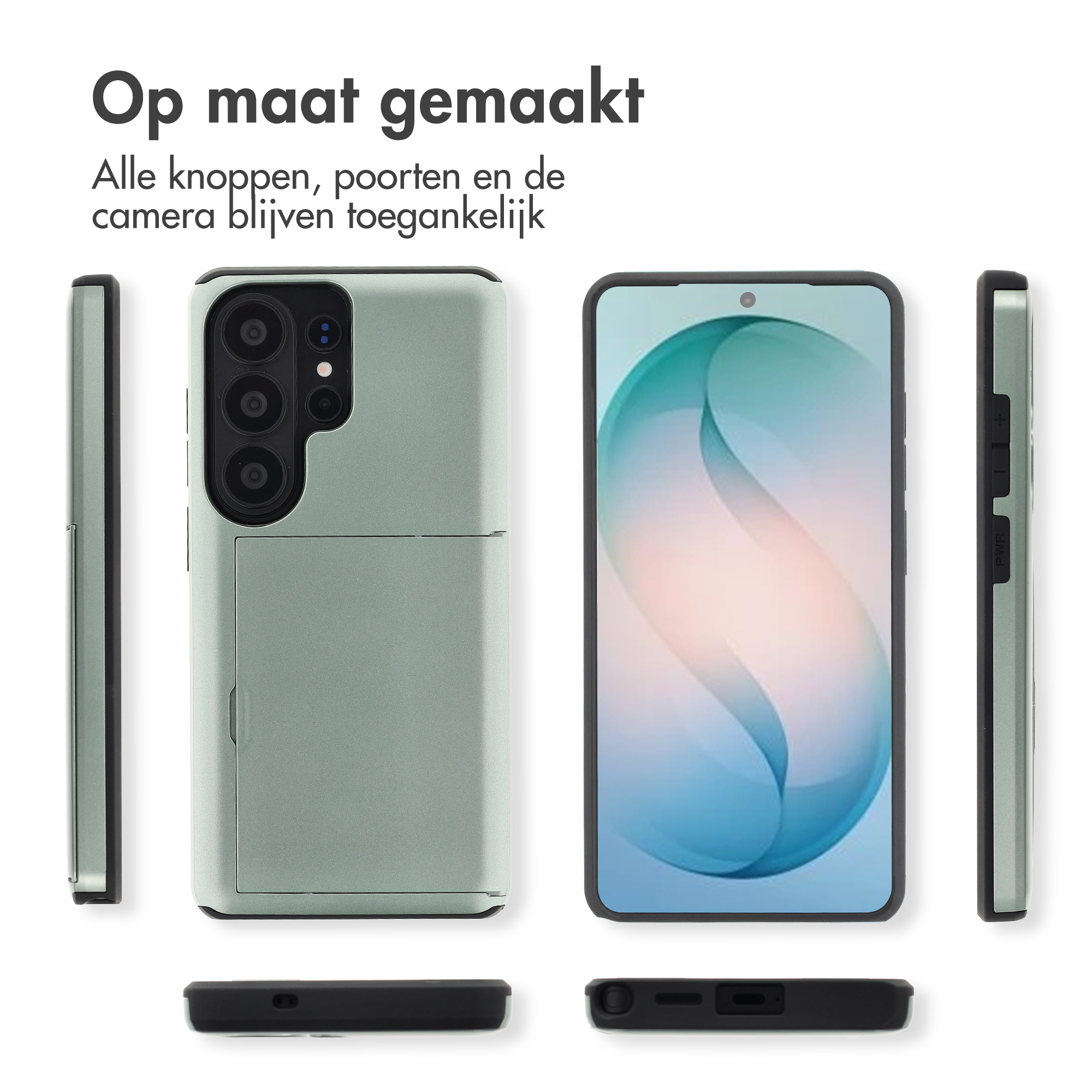 Een lichtgroene telefoonhoes wordt van voren, achteren en zijkanten getoond.