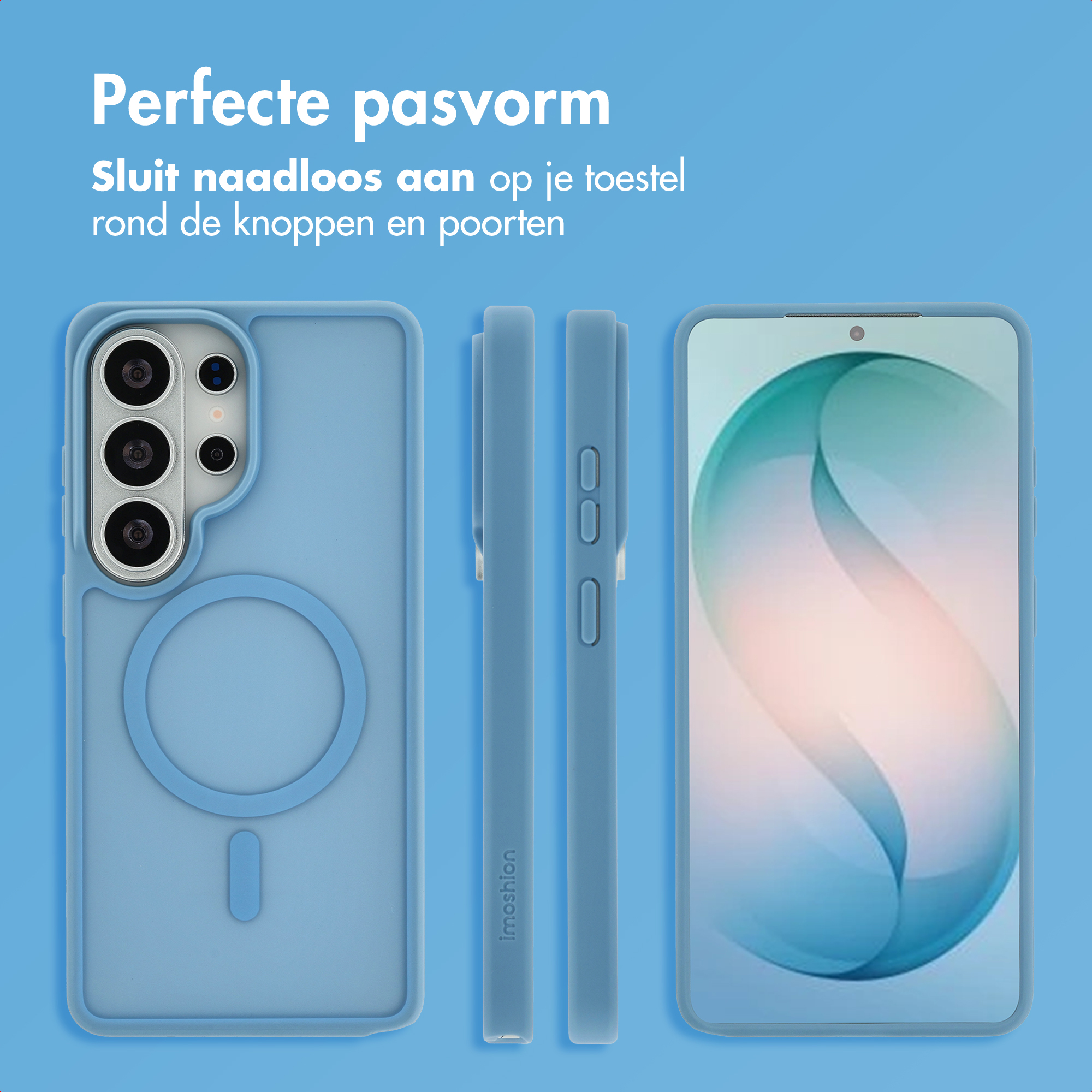 Blauw telefoonhoesje met camera-uitsparing, magneetring en smartphone.