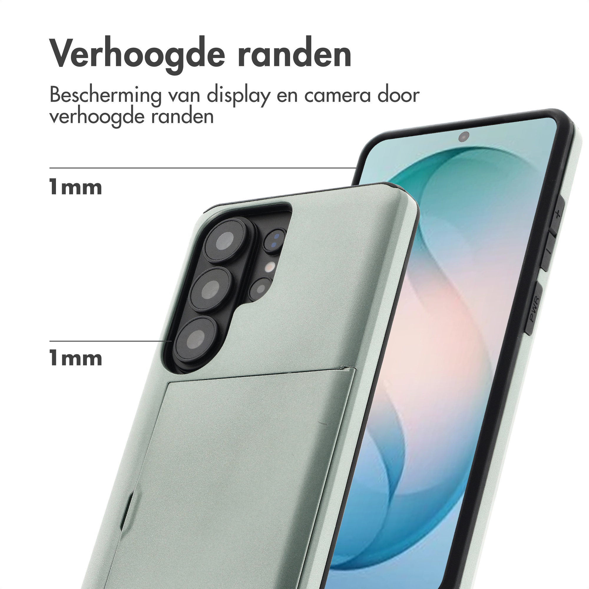 Lichtgroene telefoonhoes met verhoogde randen, 1mm bescherming voor camera en scherm.