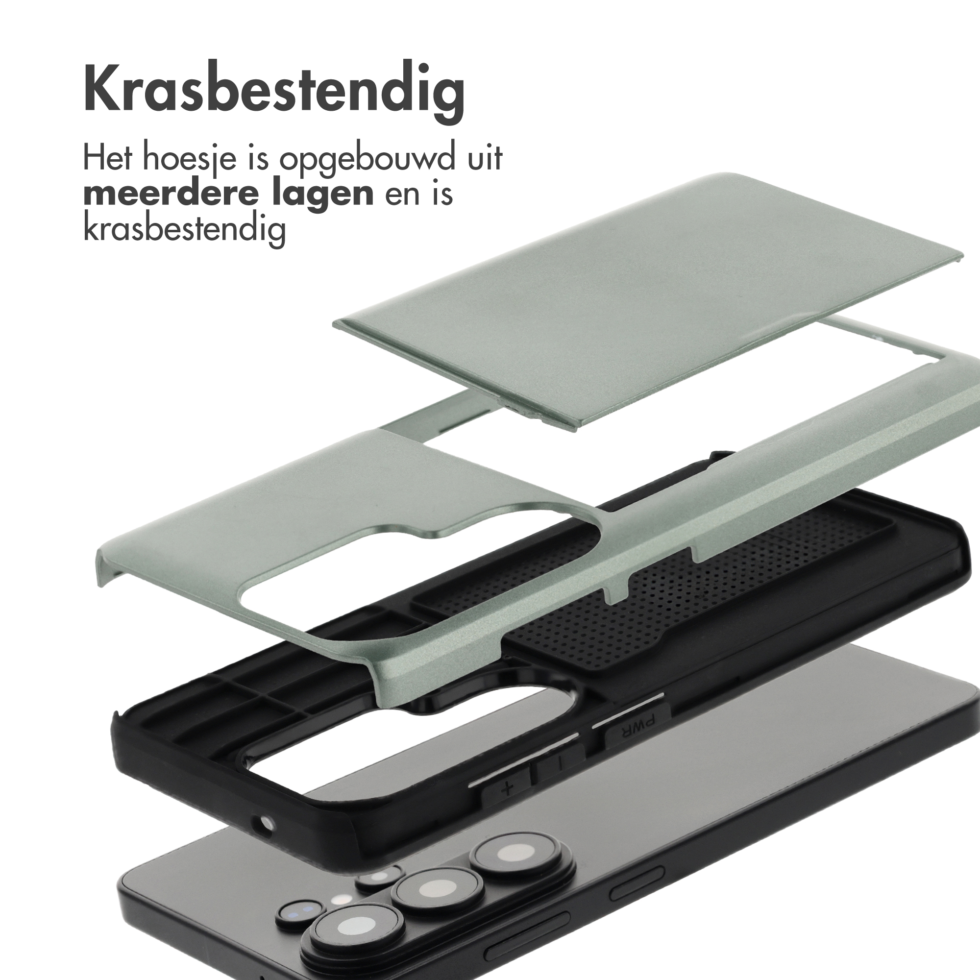 Explosietekening van een meerlaagse telefoonhoes in grijs en zwart.