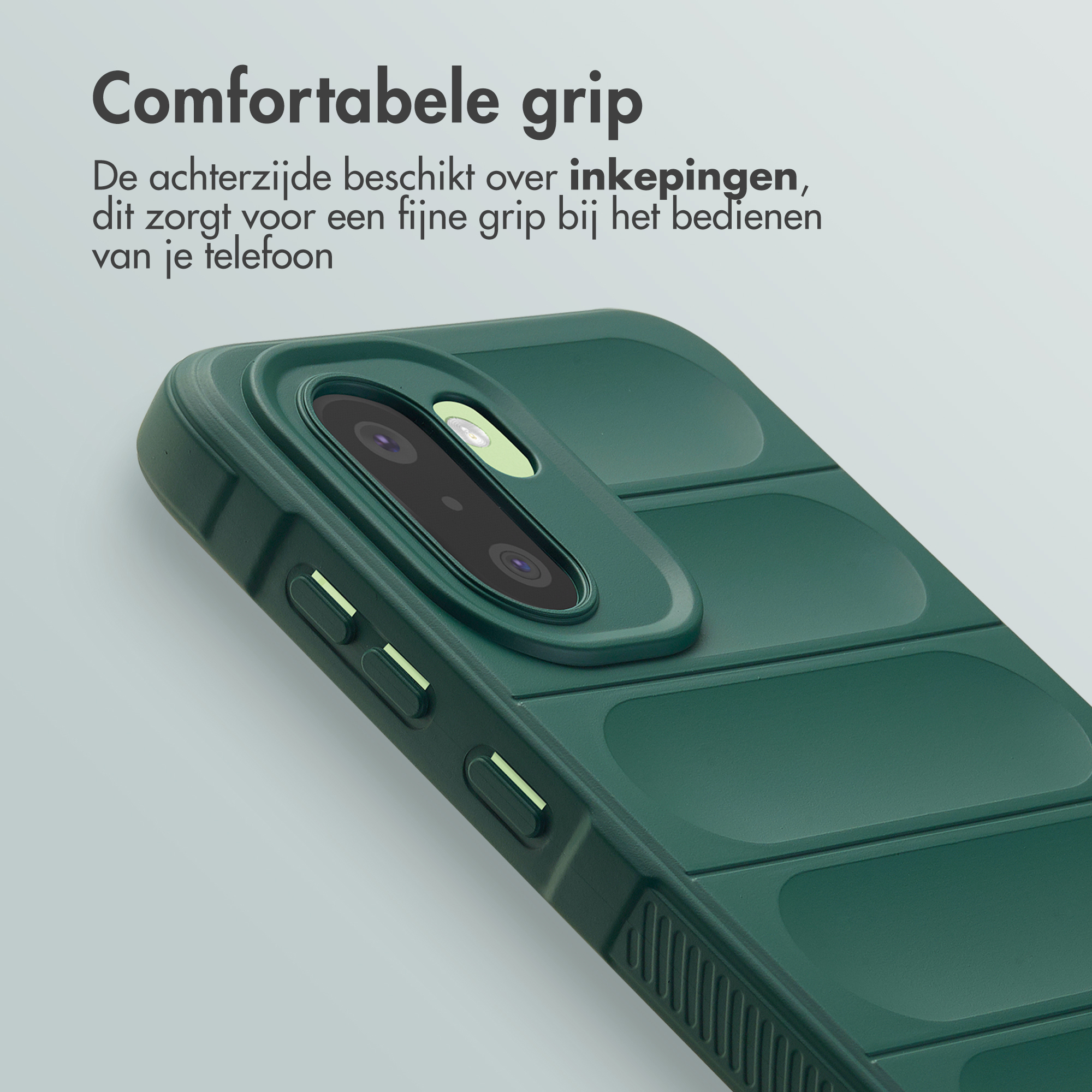 Donkergroene telefoonhoes met inkepingen voor comfortabele grip.