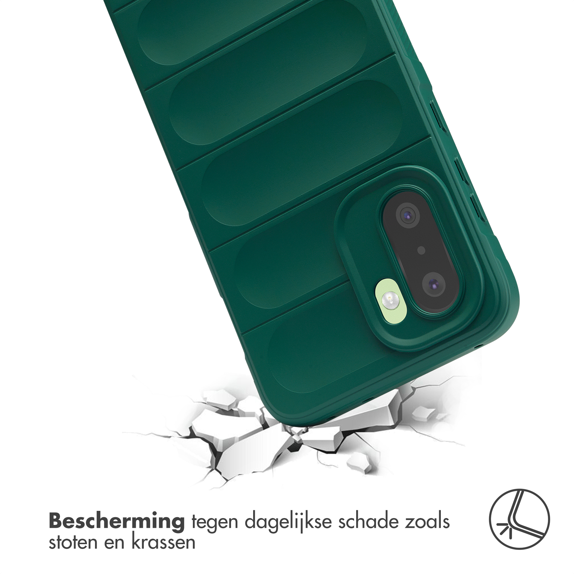 Donkergroene ribbel telefoonhoes valt op gebarsten ondergrond.