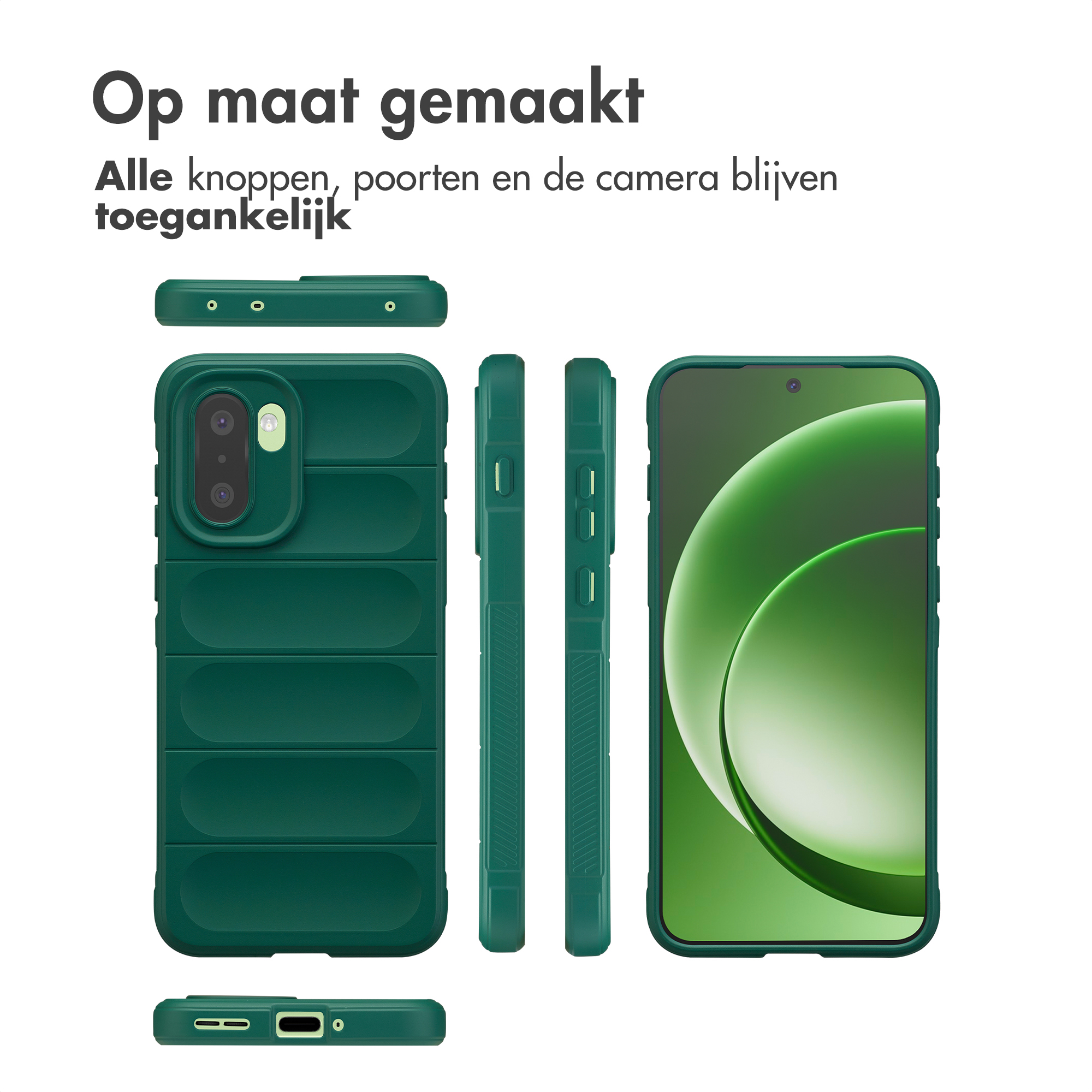 Donkergroene telefoonhoes met ribbelpatroon en camera-uitsparing.