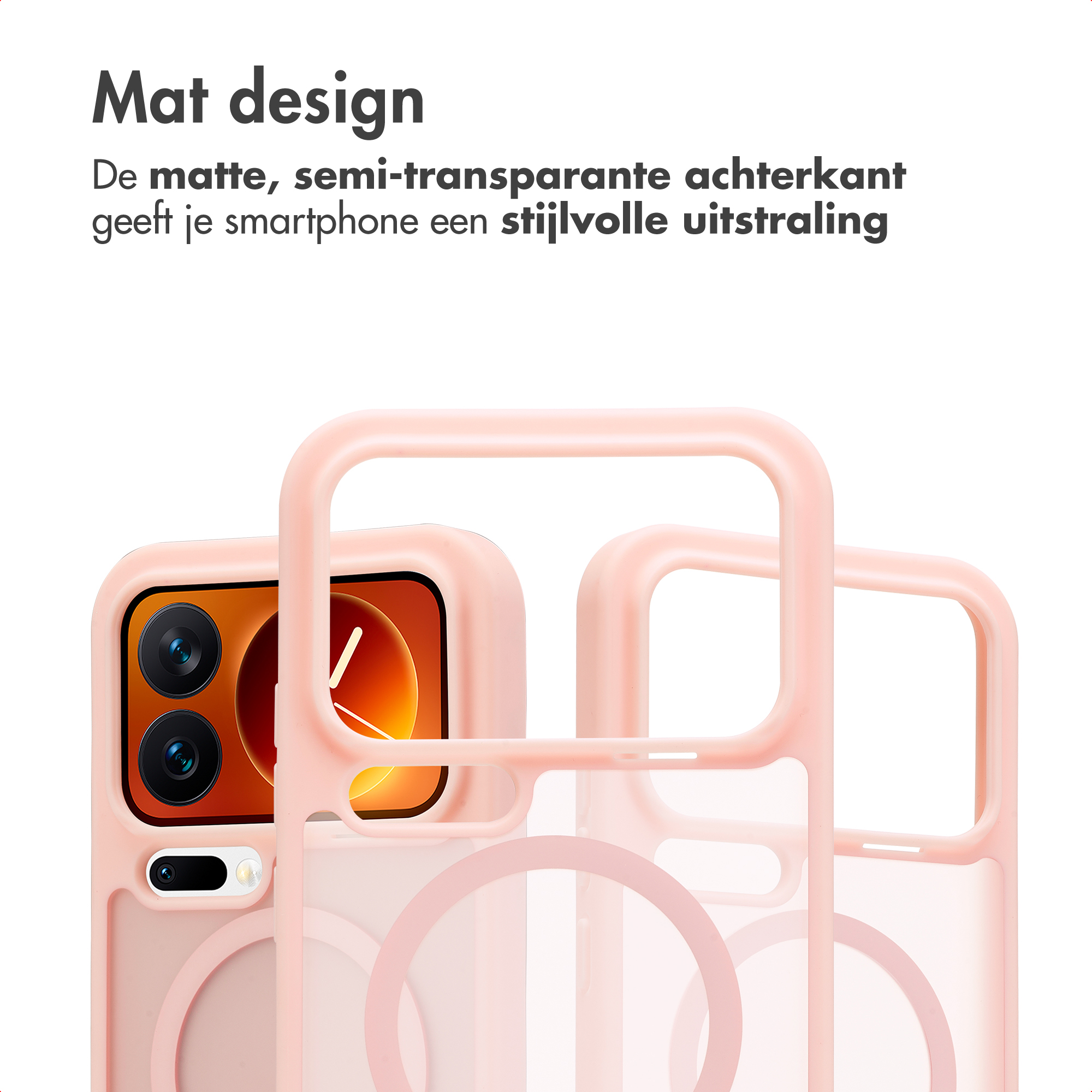 Een lichtroze telefoonhoesje met een deel van een telefoon met drie camera's.