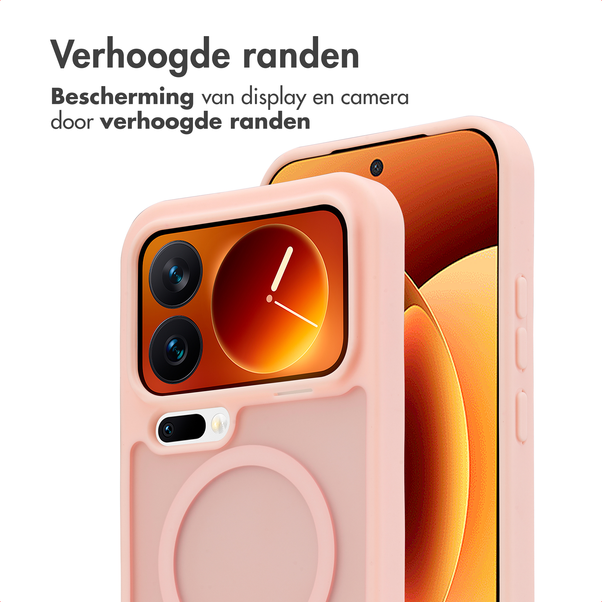 Een roze telefoonhoes beschermt een telefoon met oranje scherm.