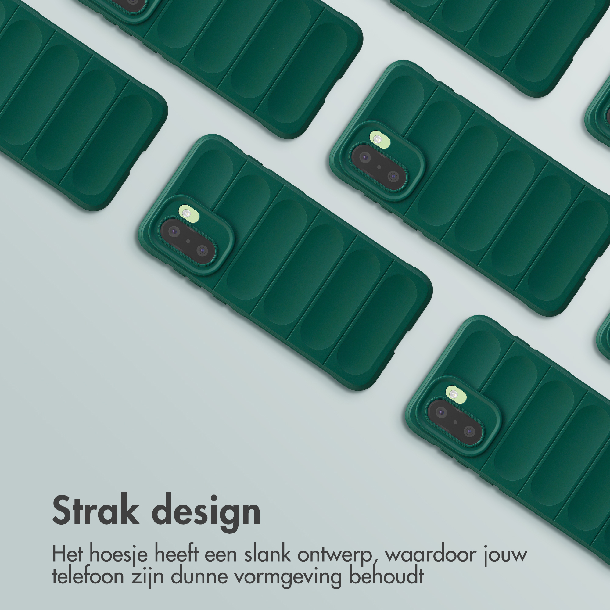 Meerdere groene ribbel telefoonhoesjes in een patroon.