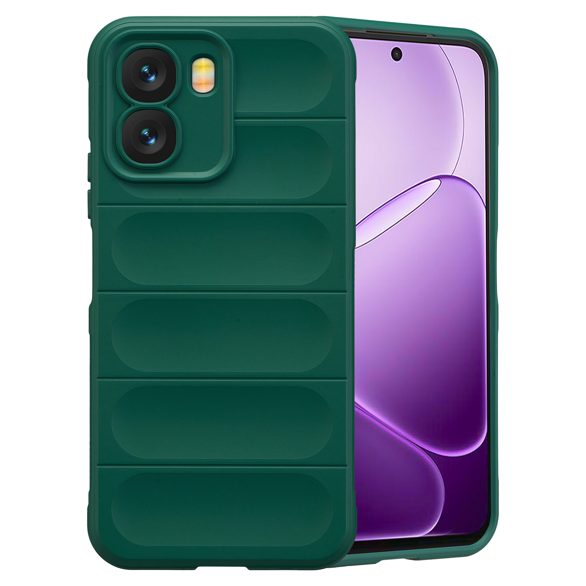 Donkergroene telefoonhoes met horizontale ribbels en cameramodule.