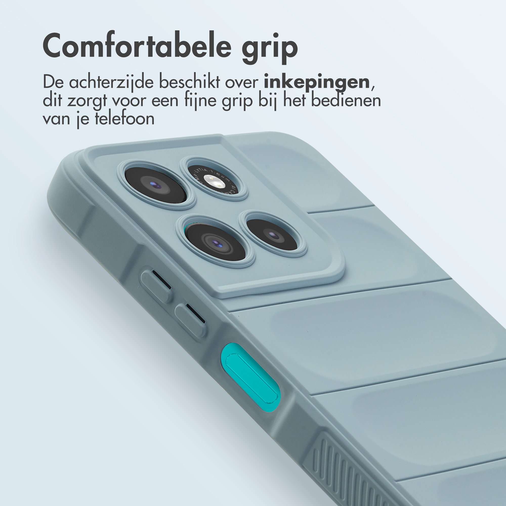 Grijze telefoonhoes met vier cameralenzen en een turquoise knop.