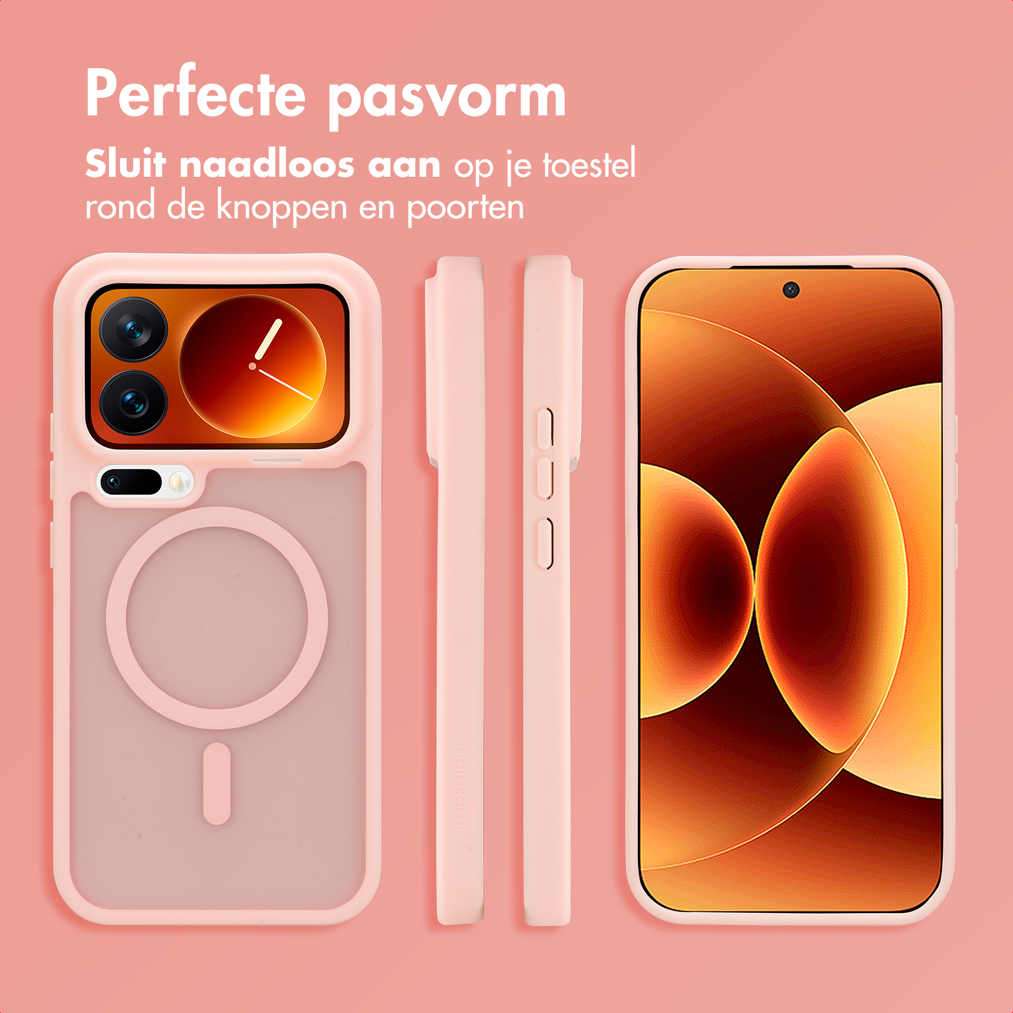 Roze telefoonhoesje met MagSafe, voor- en zijaanzichten, met achtergrond.