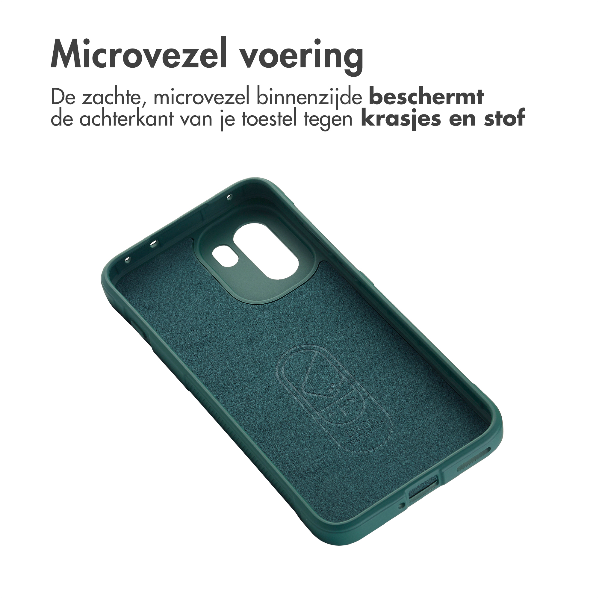 Donkergroene telefoonhoes met microvezel voering. Binnenin een reliëf logo.