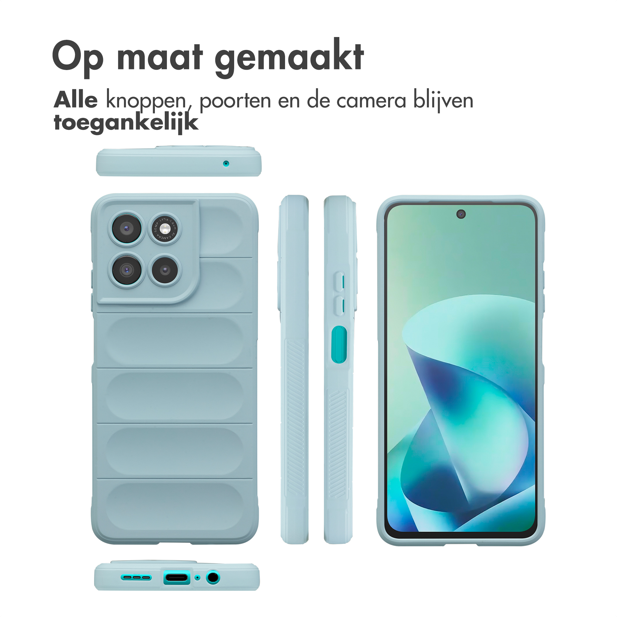 Lichtblauwe telefoonhoes met camera-uitsparing en schermbescherming.