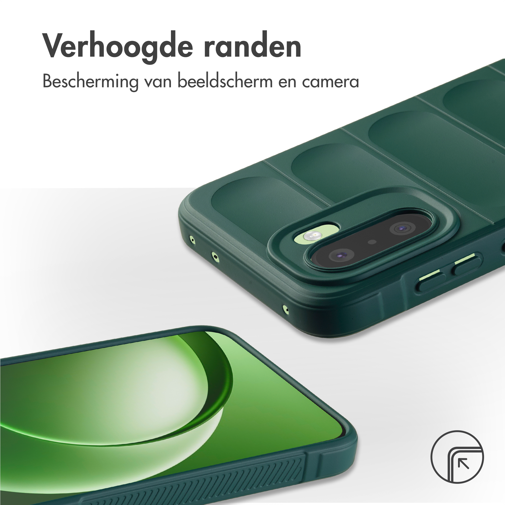 Donkergroene telefoonhoes met verhoogde randen voor scherm- en camerabescherming.