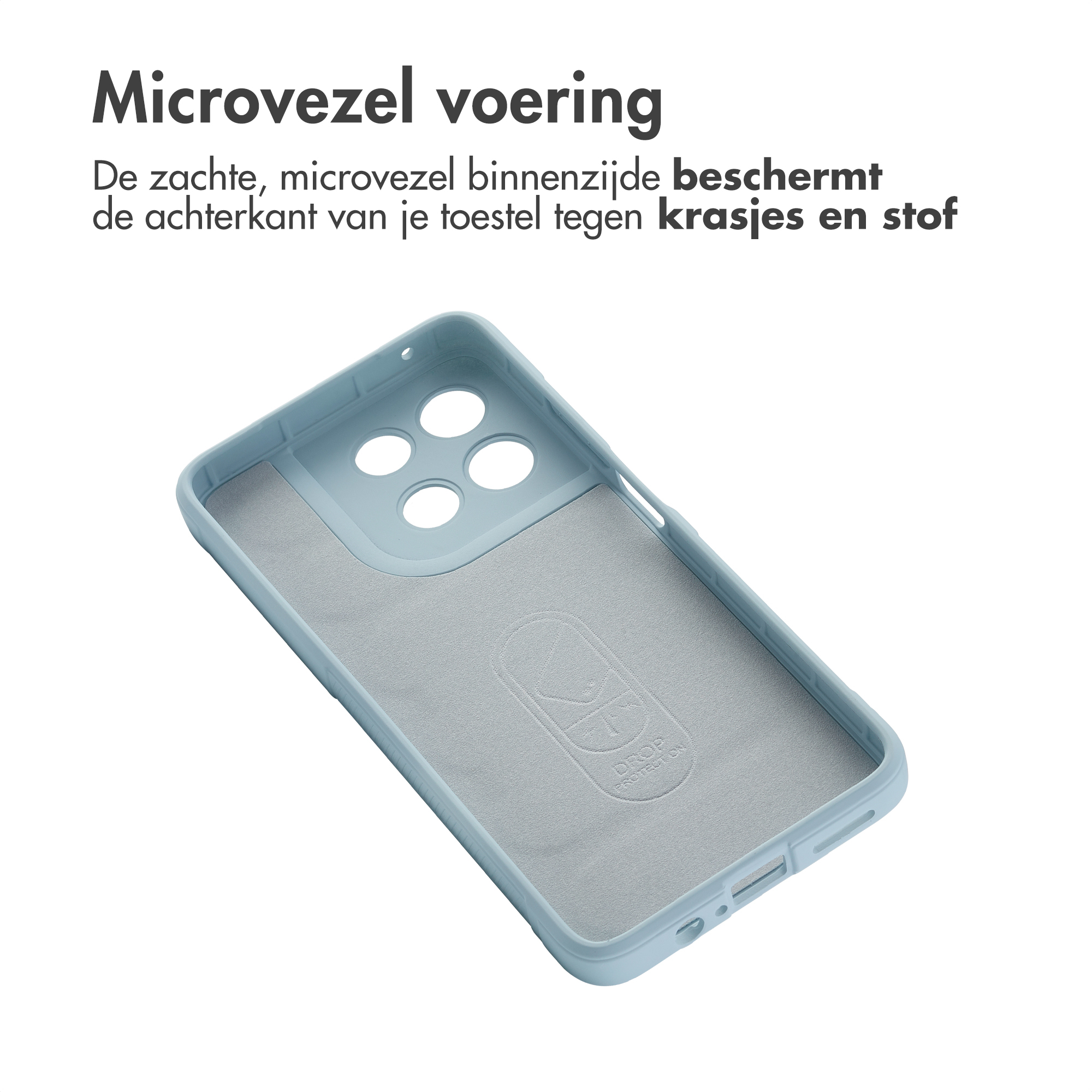 Lichtblauwe telefoonhoes met zachte microvezelvoering aan de binnenkant.