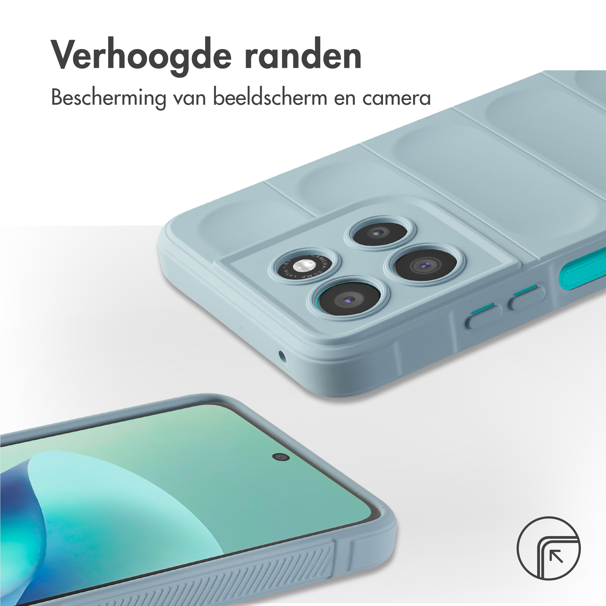 Lichtblauwe telefoonhoes met camera en scherm.