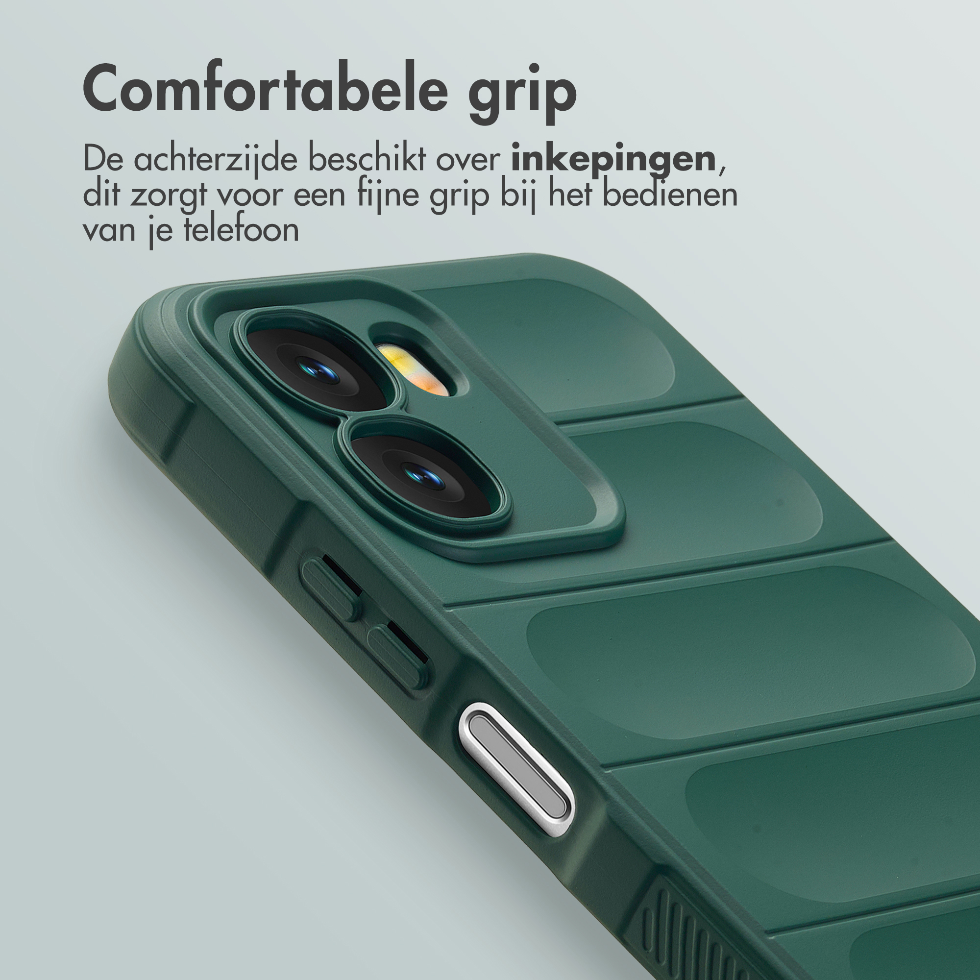 Donkergroene telefoonhoes met camera-uitsparing en ribbels voor extra grip.