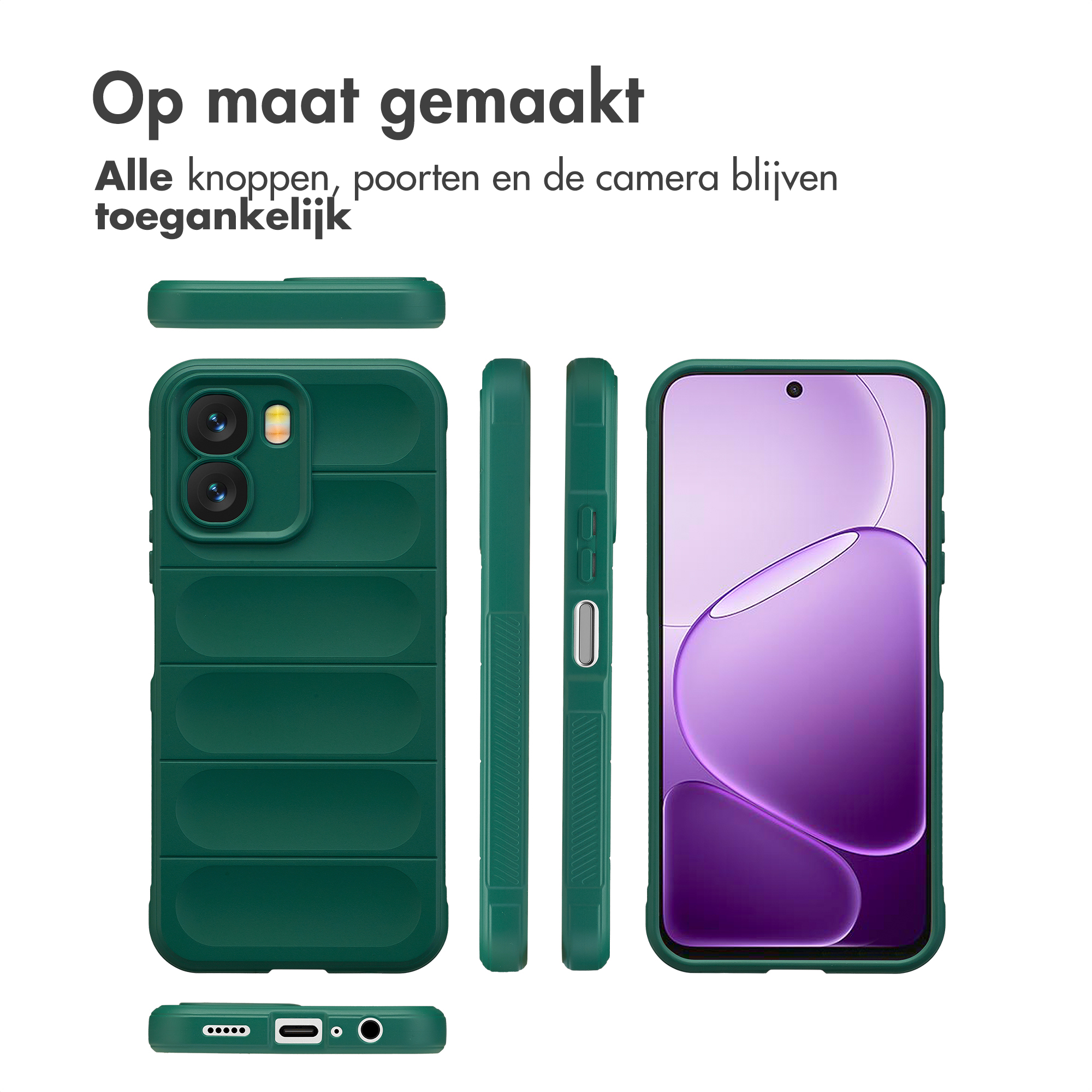Drie weergaven van een donkergroene telefoonhoes met ribbelpatroon en camerauitsparing.