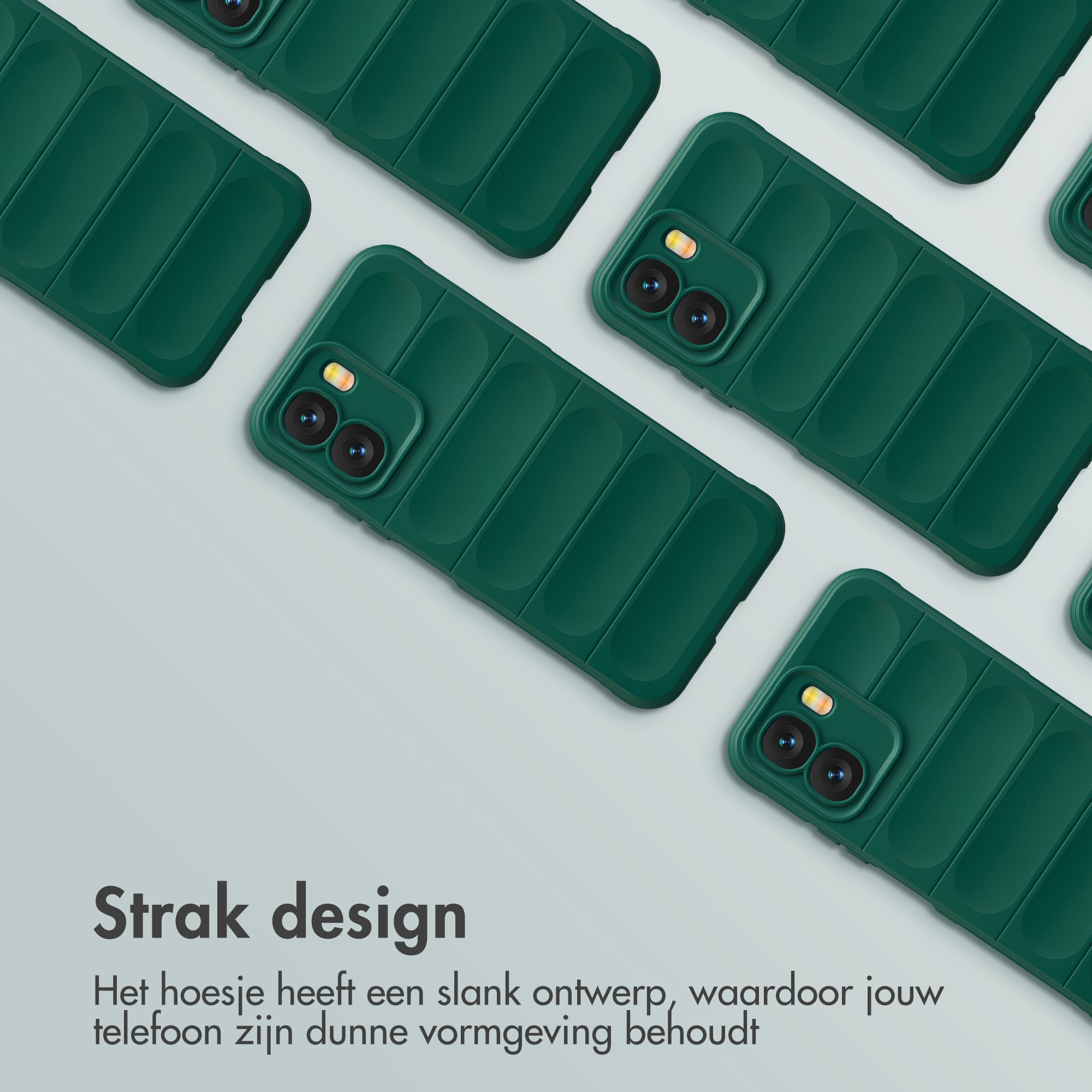 Meerdere donkergroene telefoonhoesjes met ribbelpatroon.