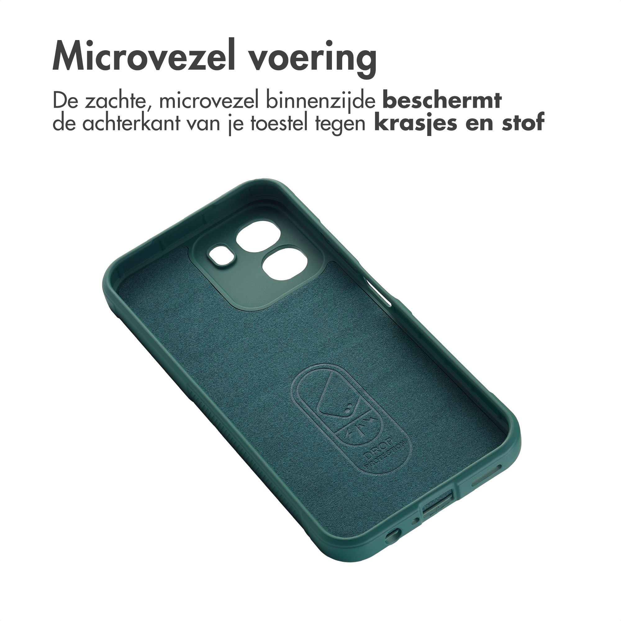 Groene telefoonhoes met zachte microvezelvoering en logo.