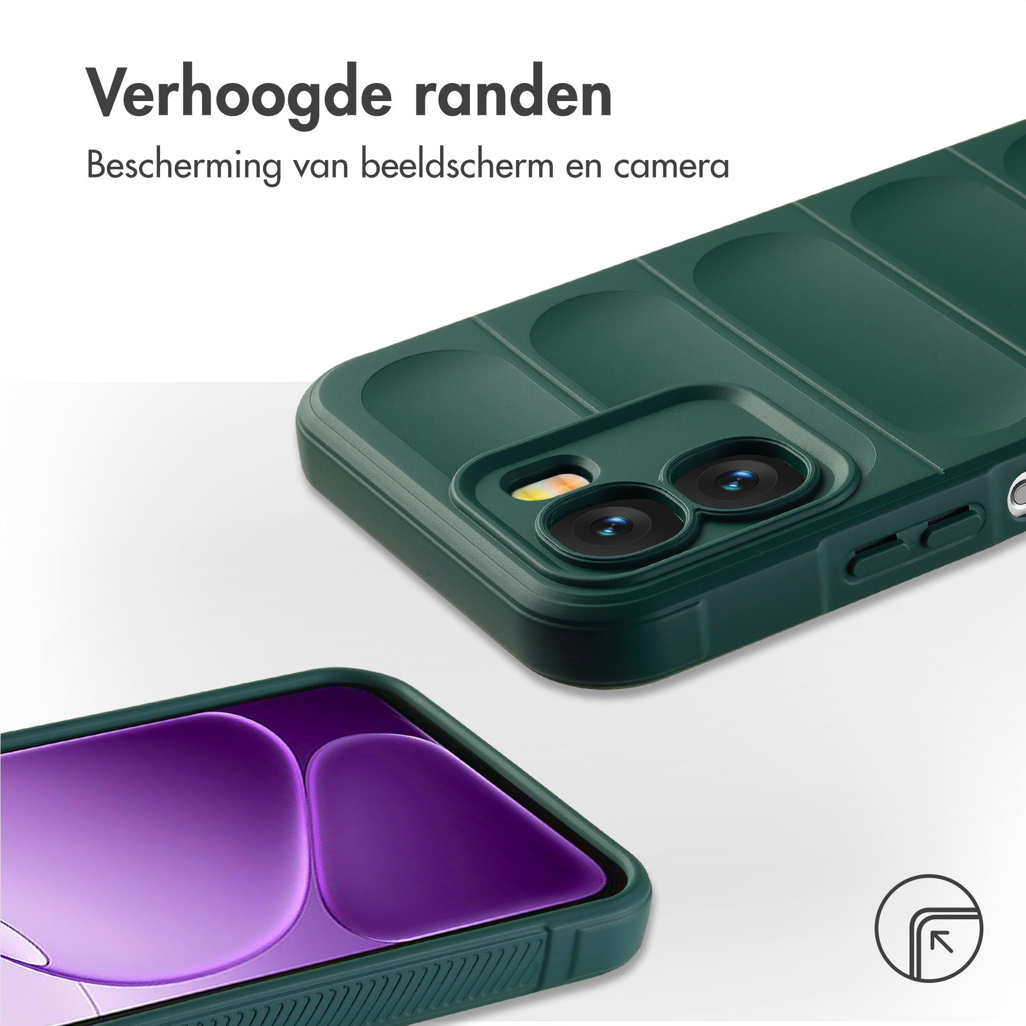 Donkergroene telefoonhoes met verhoogde randen rond scherm en camera.