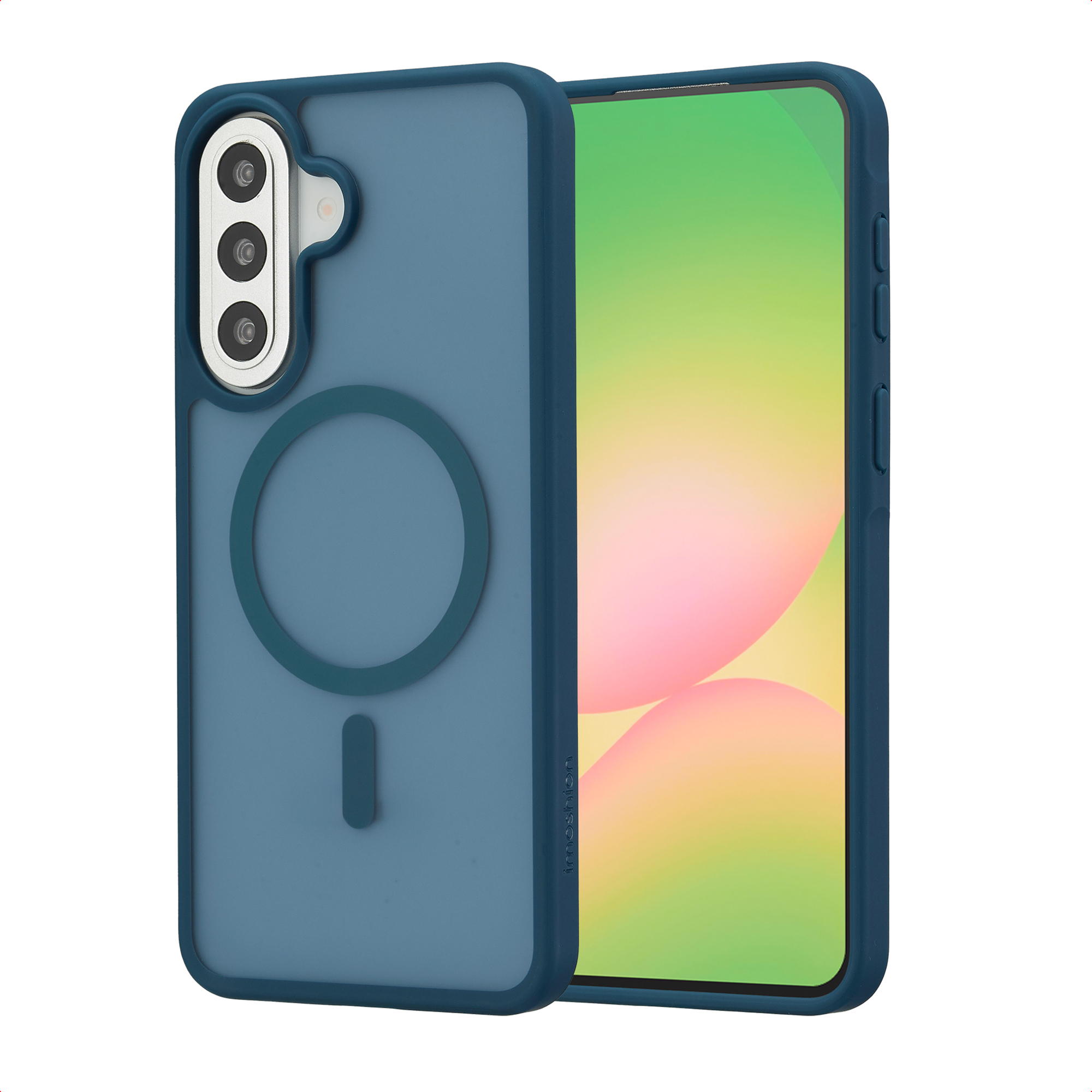 Blauw telefoonhoesje met drie camera's en magneetring op witte achtergrond.