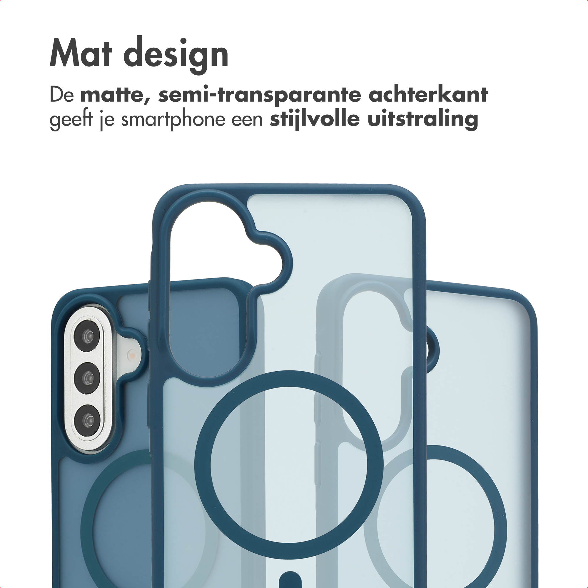 Matte, semi-transparante hoes met donkerblauw frame en cirkelvormig design.