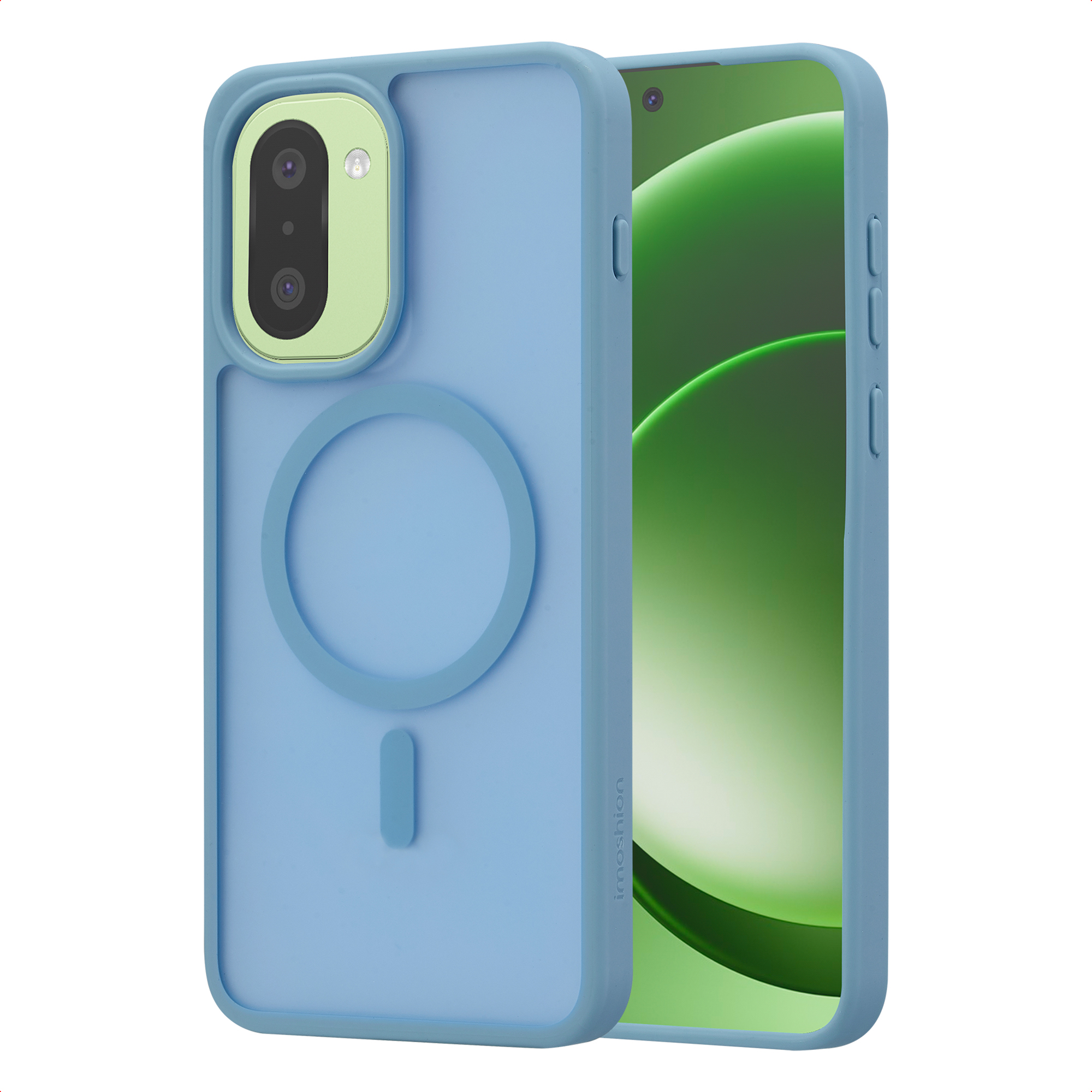 Lichtblauwe hoes met groene cameramodule en magneetring op smartphone.