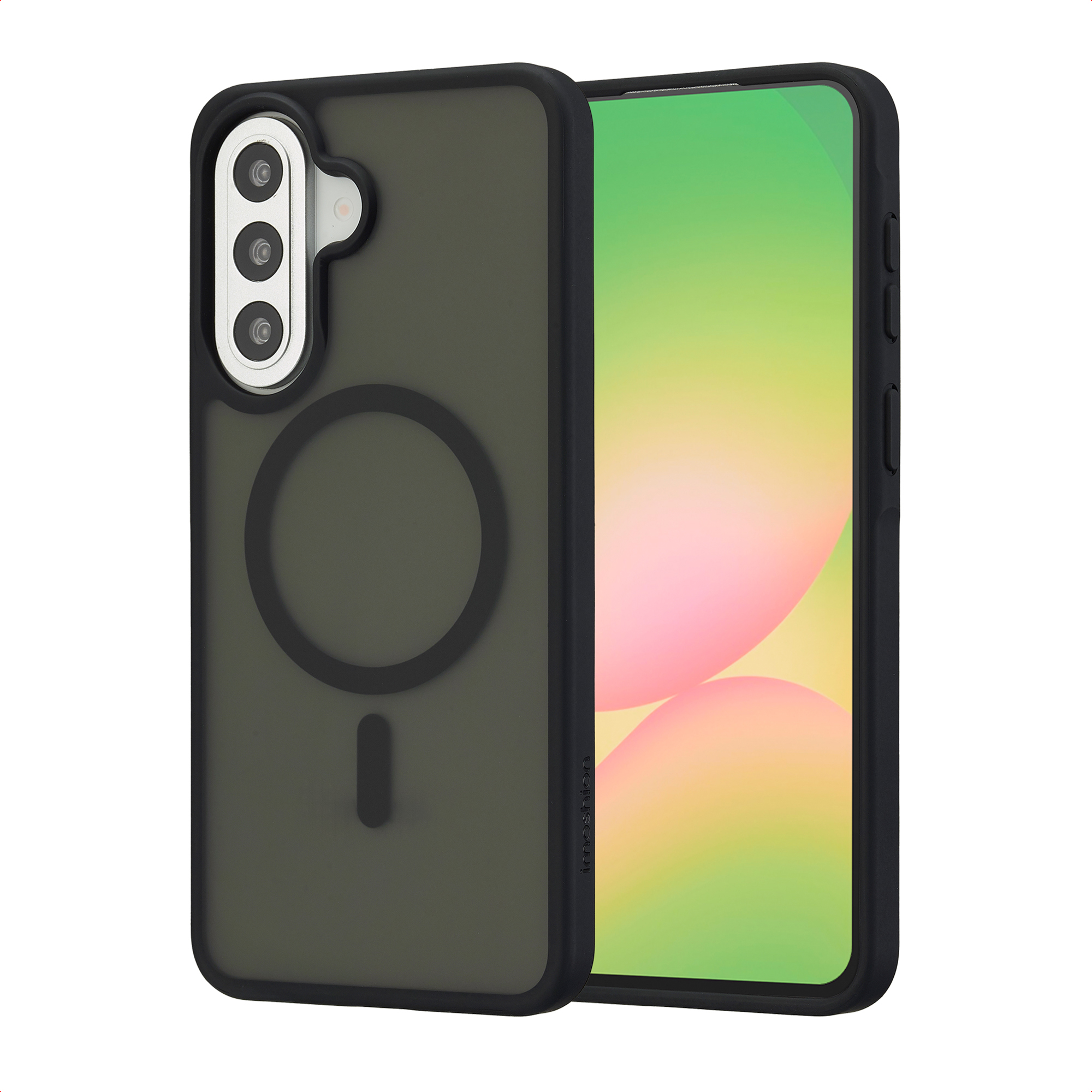 Donkergroene telefoonhoes met drie camera's en magnetische ring.