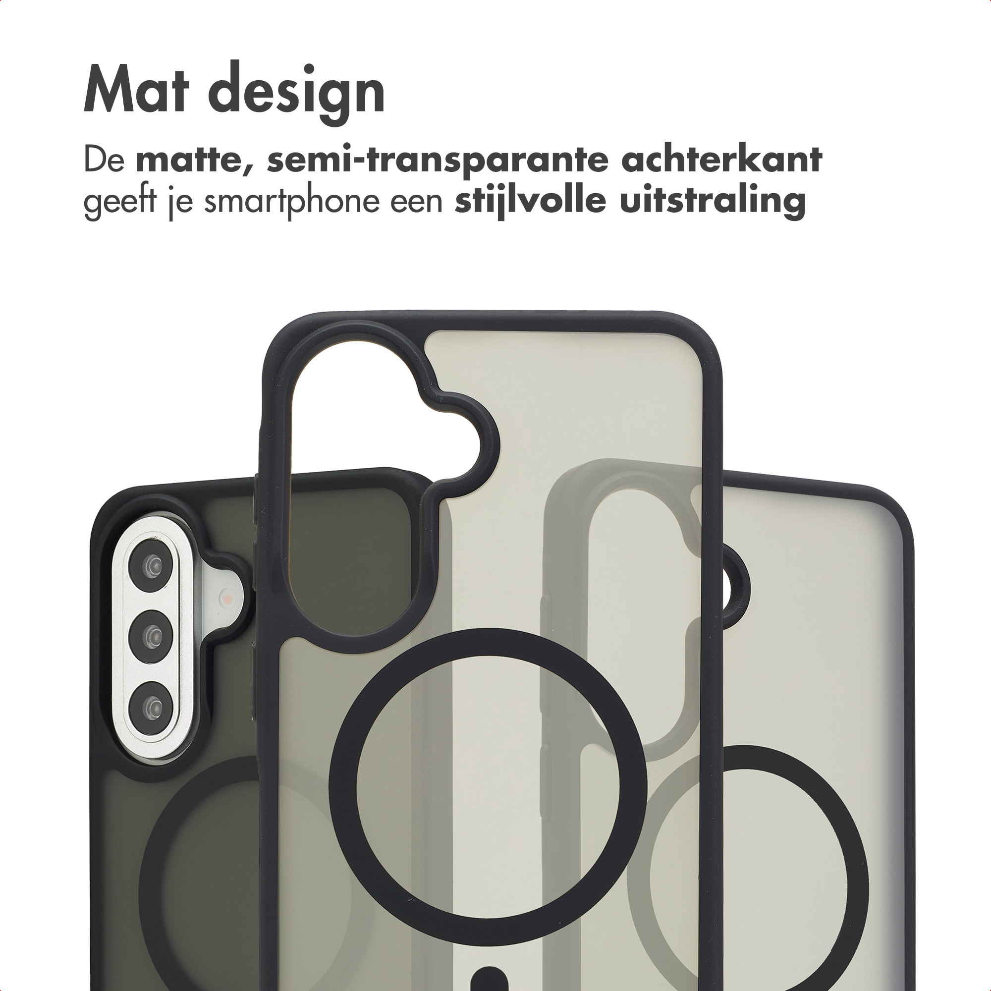 Matte, semi-transparante telefoonhoesjes met zwarte randen en ringontwerpen.
