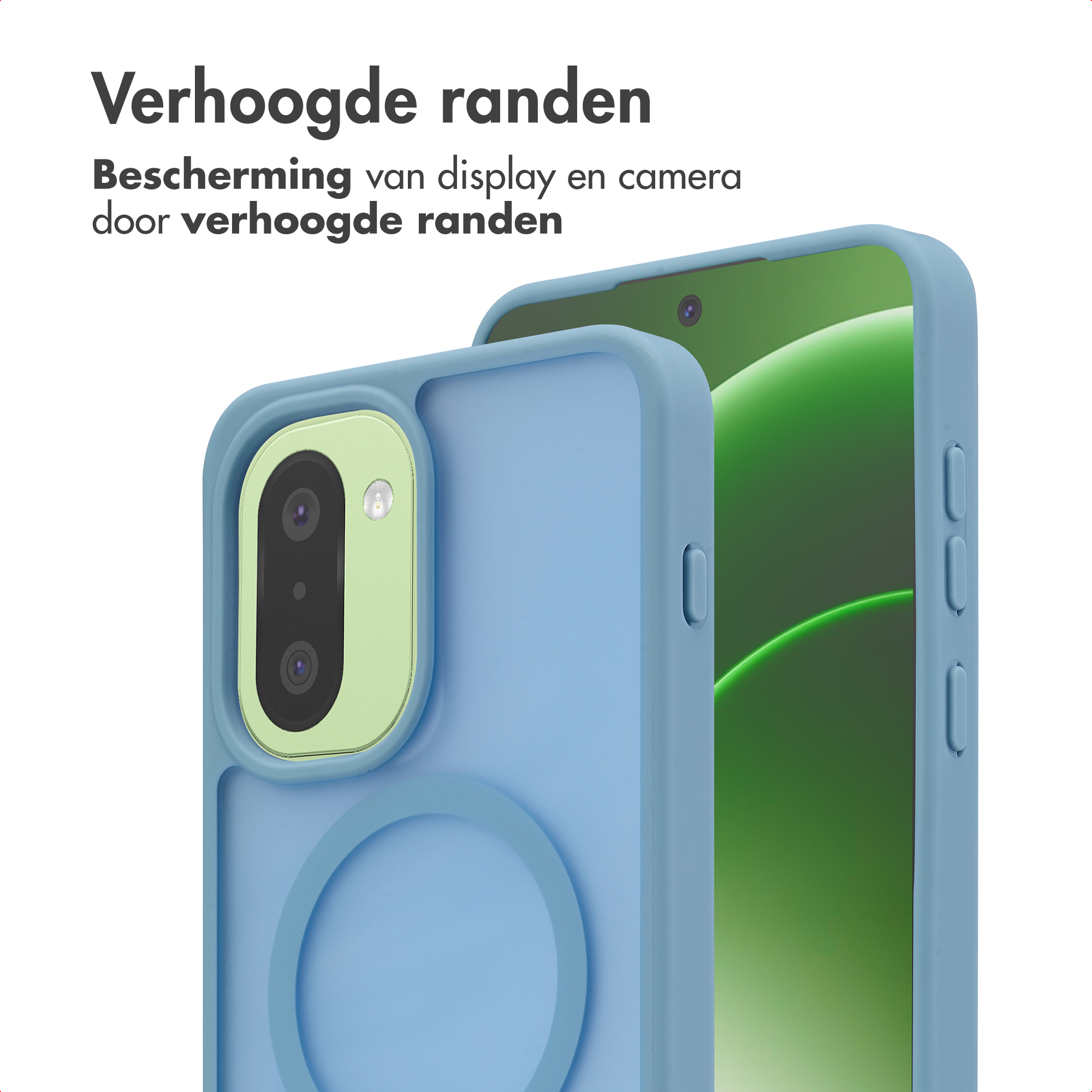 Blauwe telefoonhoes met verhoogde randen beschermt scherm en camera.
