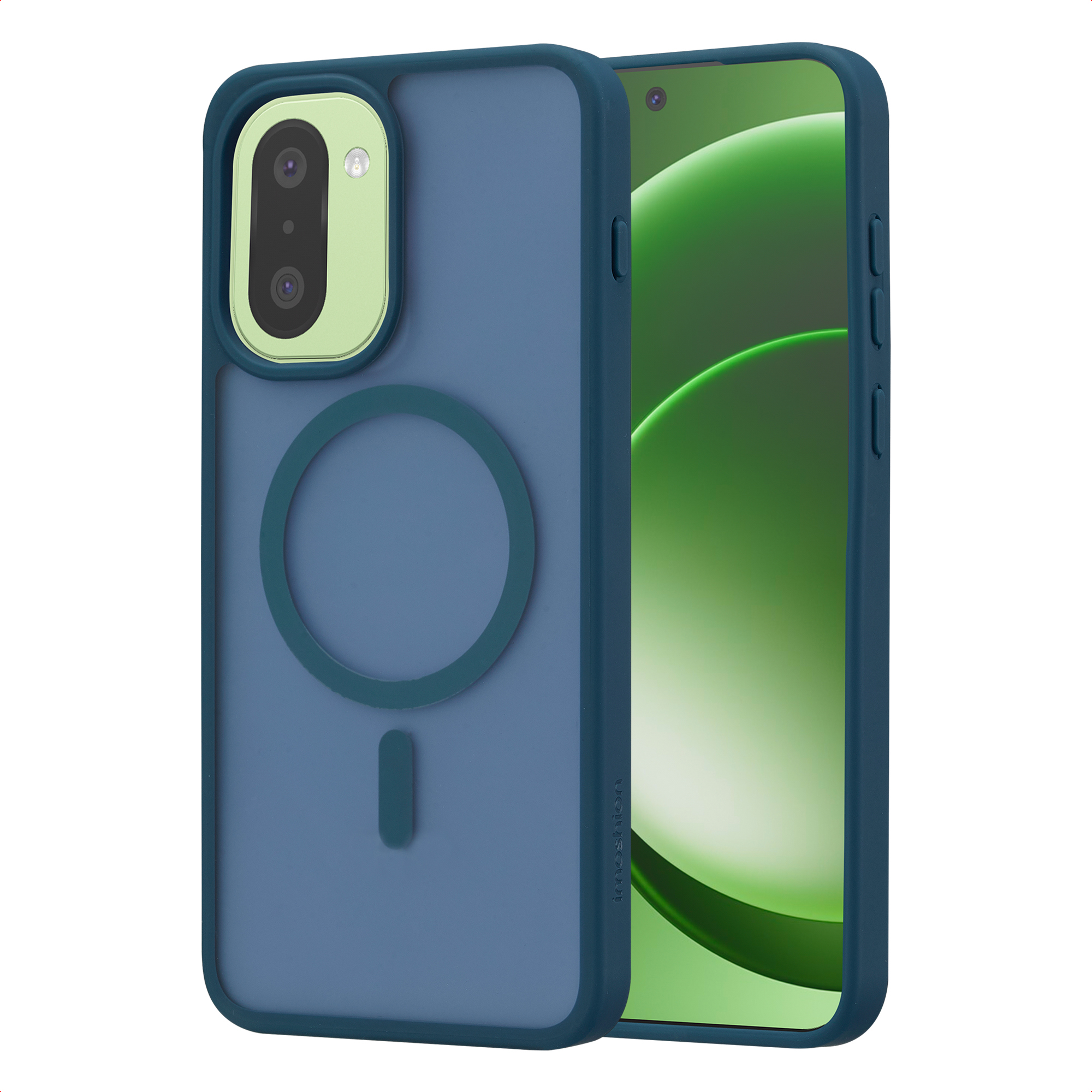 Blauw telefoonhoesje met lichtgroen camera-gedeelte en magneetring.