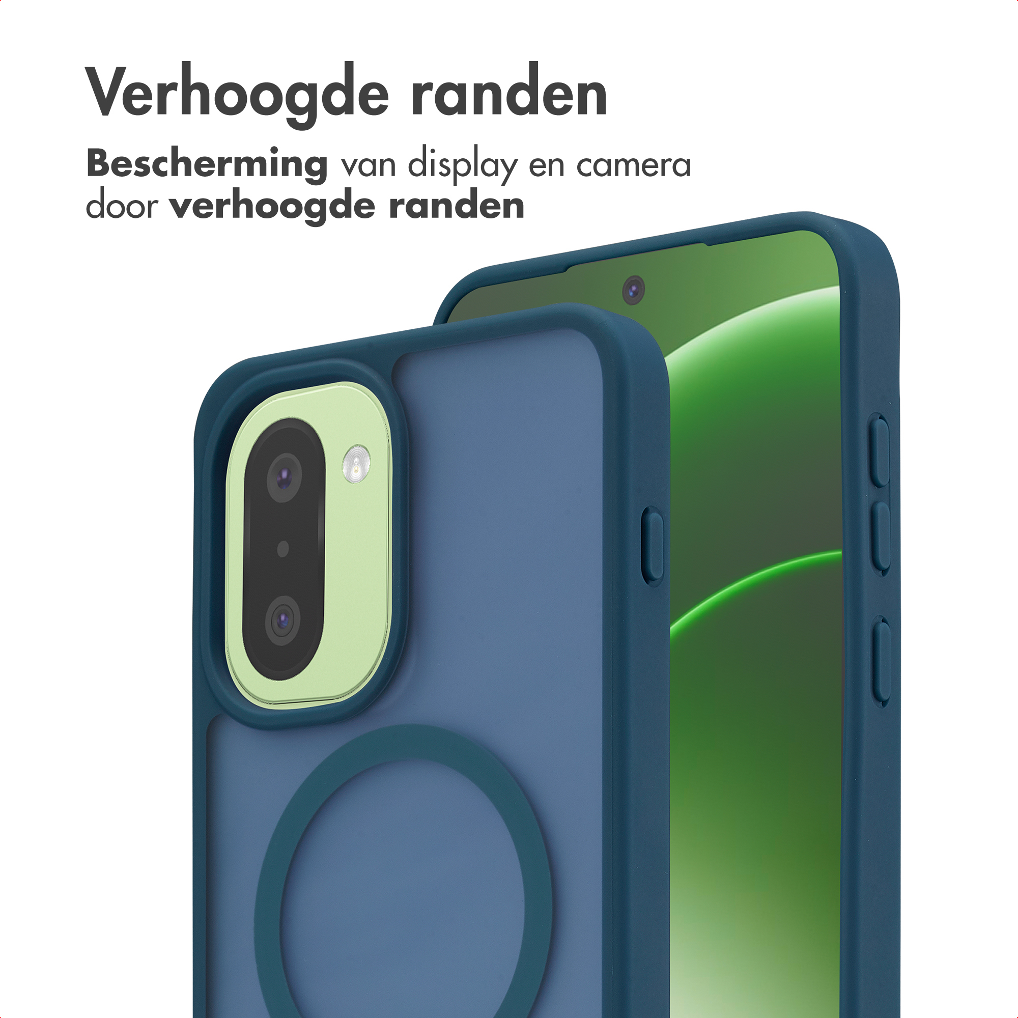 Blauw telefoonhoesje met verhoogde randen ter bescherming van camera/display.