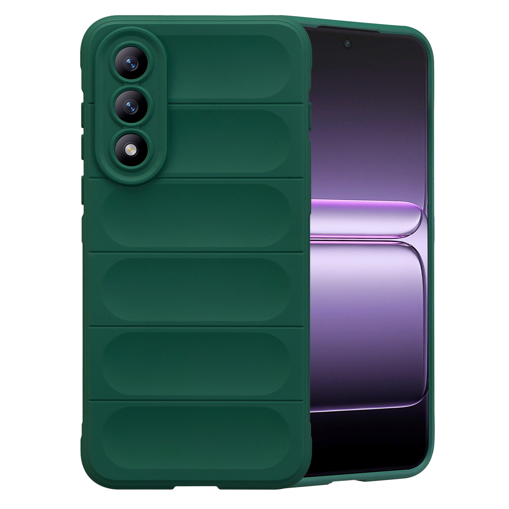 Donkergroene telefoonhoes met drie cameralenzen en geribbelde textuur.