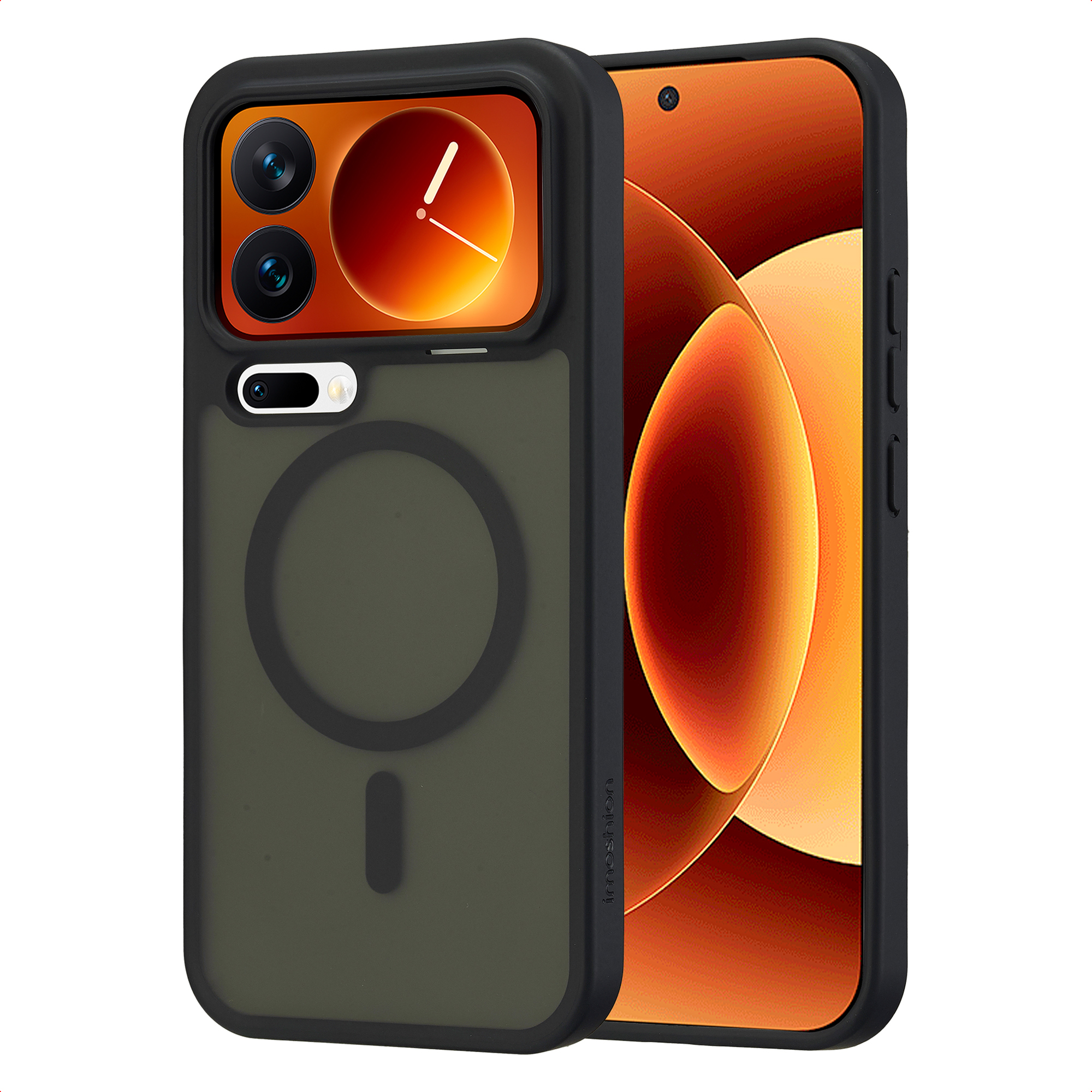 Zwarte hoes met magneetring en telefoon met oranje achtergrond.