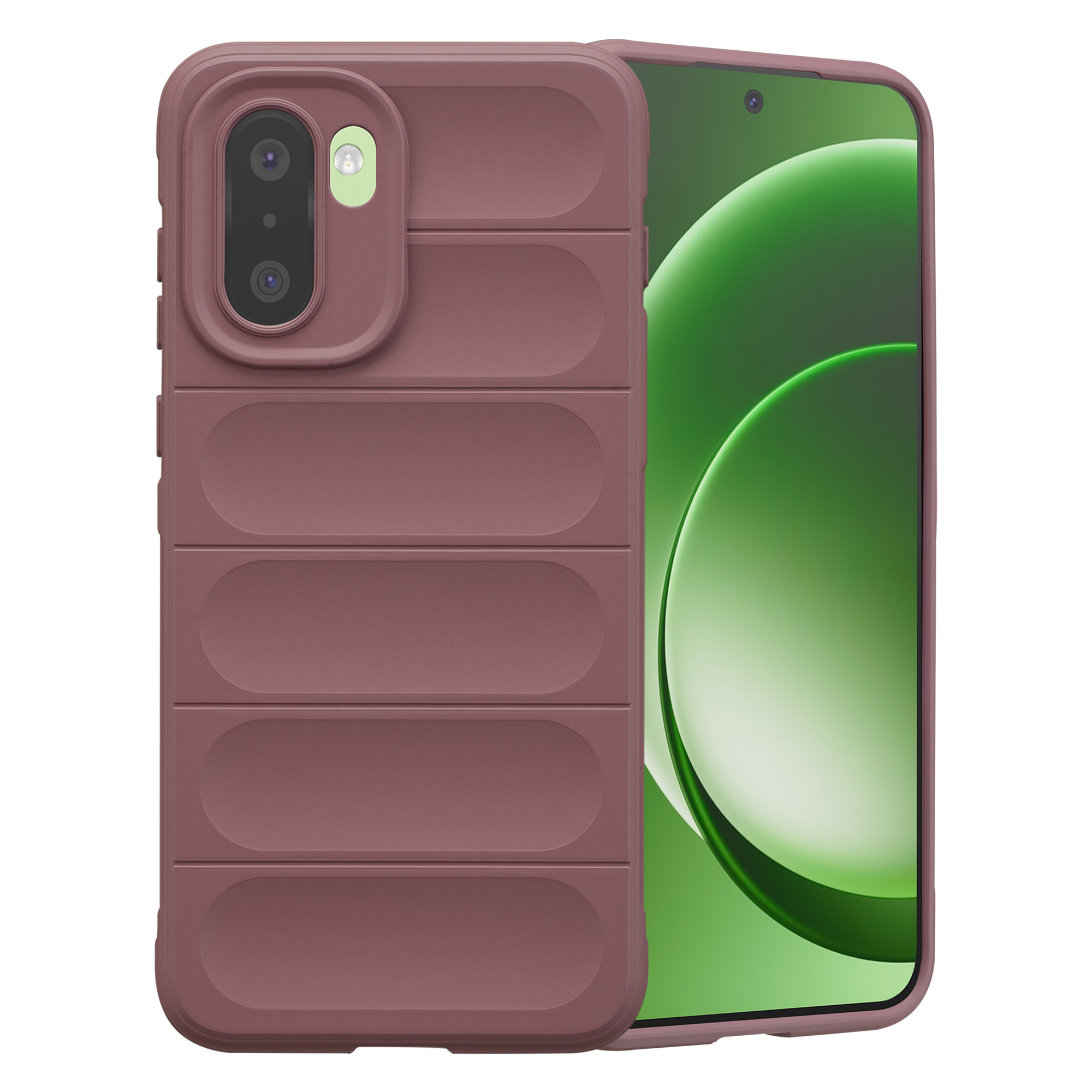 Een mauve telefoonhoes met horizontale richels en een cameramodule.