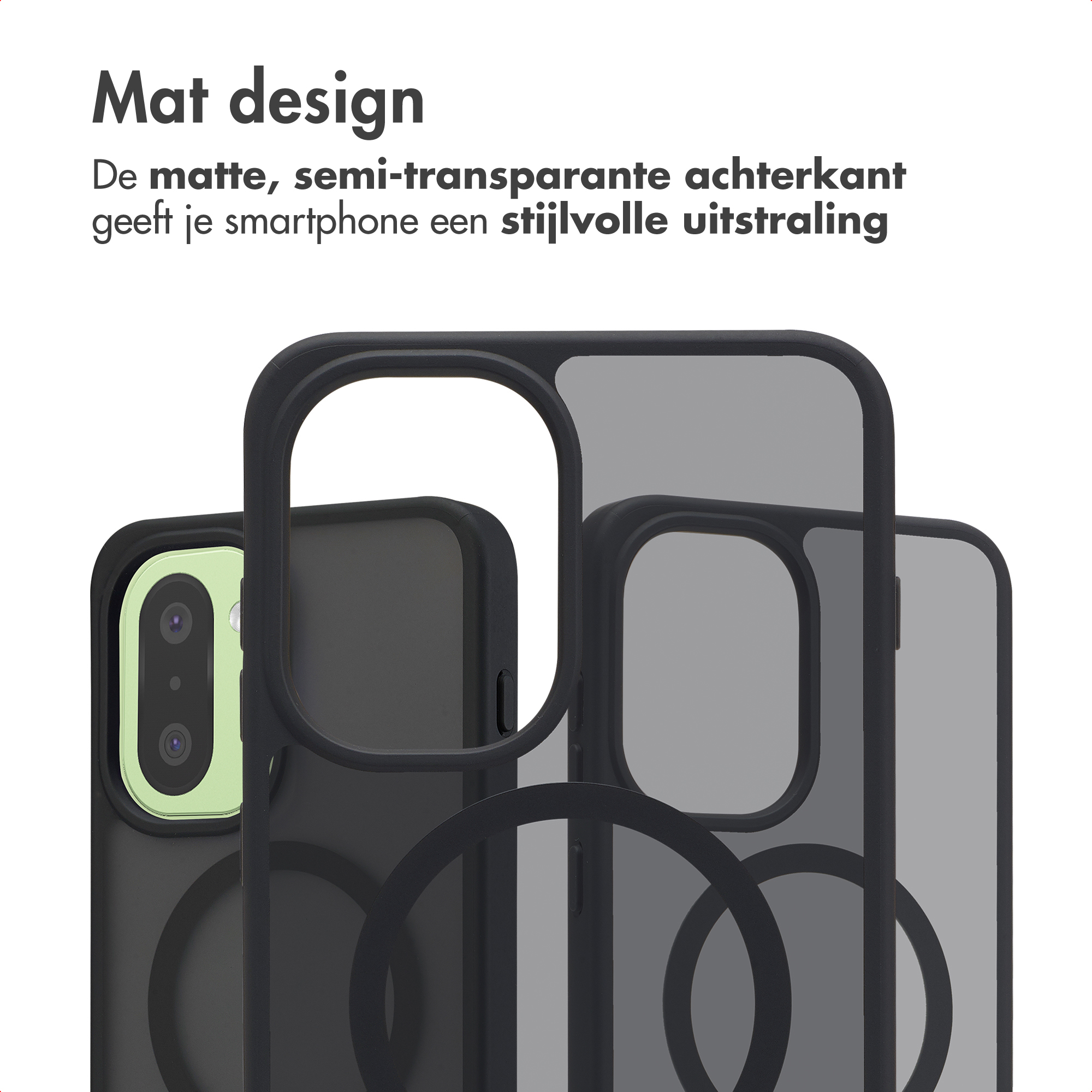Matte, semi-transparante telefoonhoesjes gelaagd op witte achtergrond.