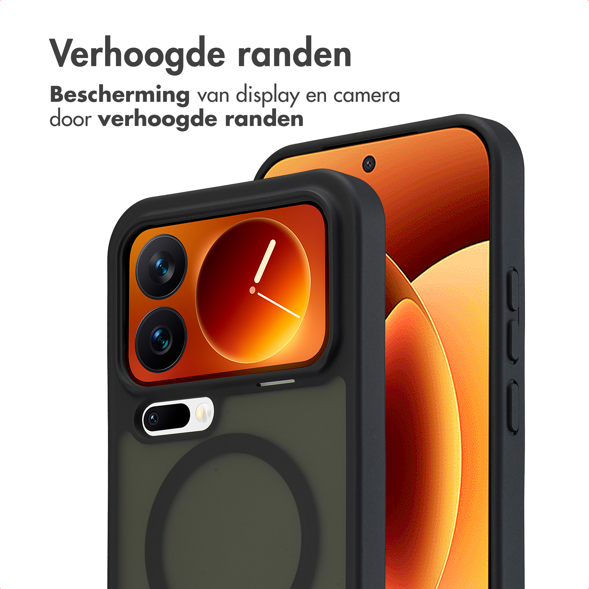 Zwarte telefoonhoes met verhoogde randen beschermt camera en display.