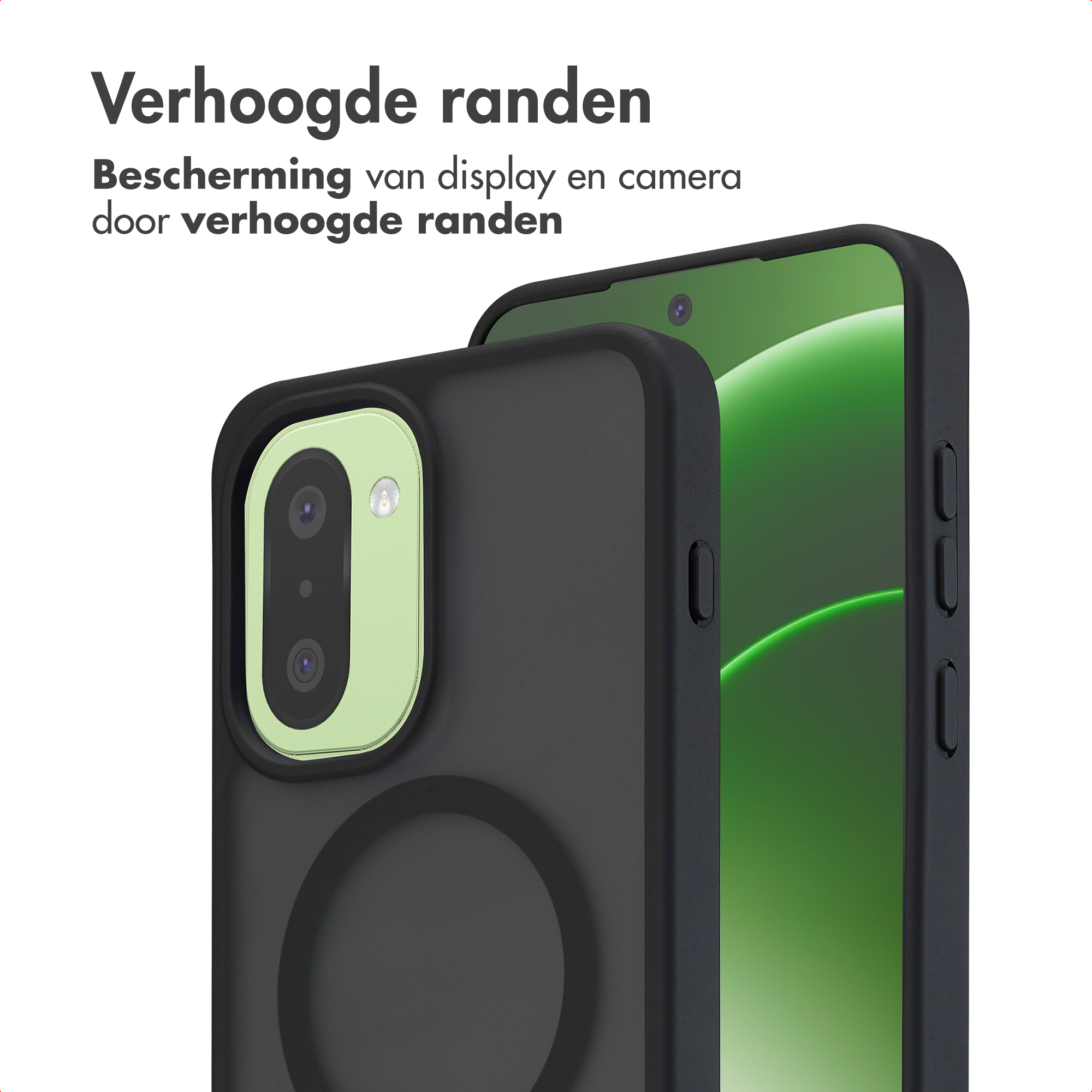 Zwarte telefoonhoes met verhoogde randen beschermt camera's en scherm.